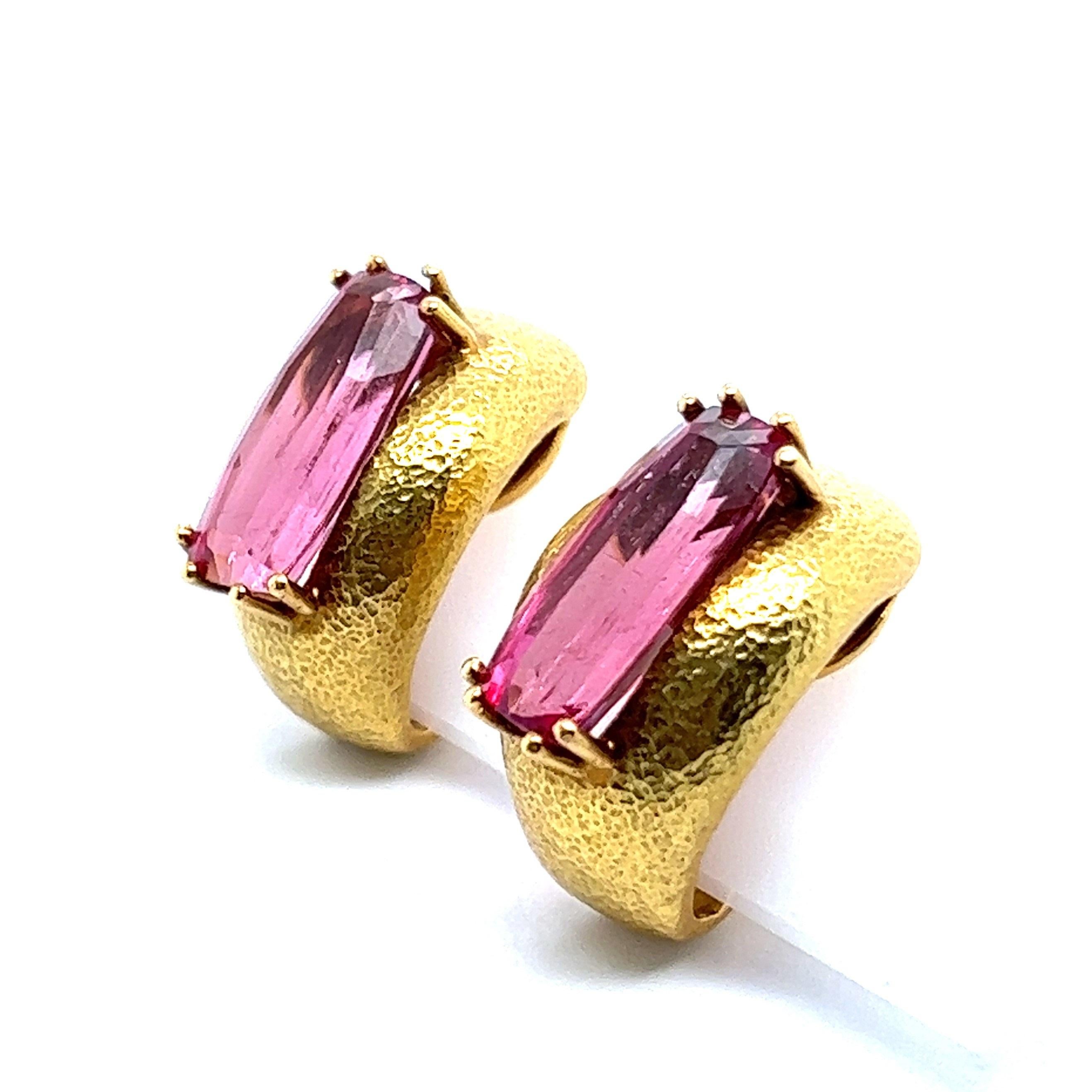 A dreamy pair of vibrant-pink tourmaline clip on earrings. 

Another name of pink tourmaline is “Electric Stone.” For many centuries, it was a stone of love, compassion and emotional healing. Pink Tourmaline has a meaning and properties of