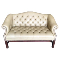 Dreamy Vintage Cream Leather Chippendale Style Settee Loveseat