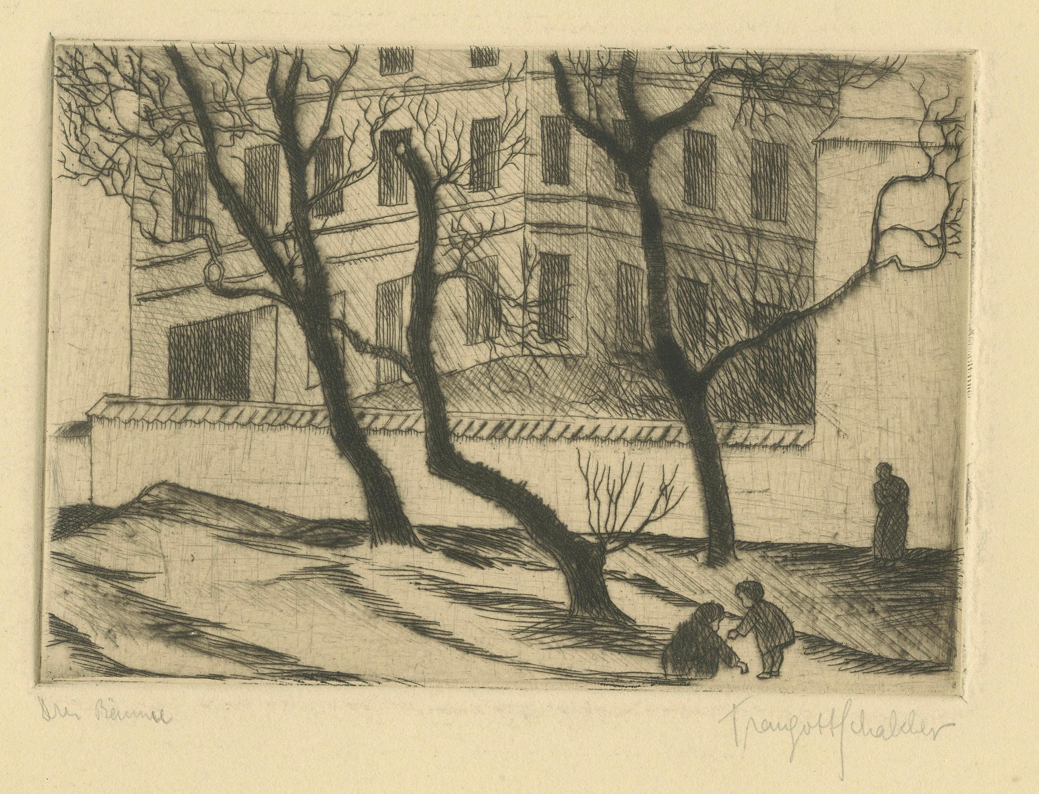 Drei Bäume (Three Trees) – Early 20th-Century Etching, Signed by unknown

Delicate and contemplative etching depicting three bare trees in front of a quiet city building, with two children playing in the foreground and a solitary figure standing in