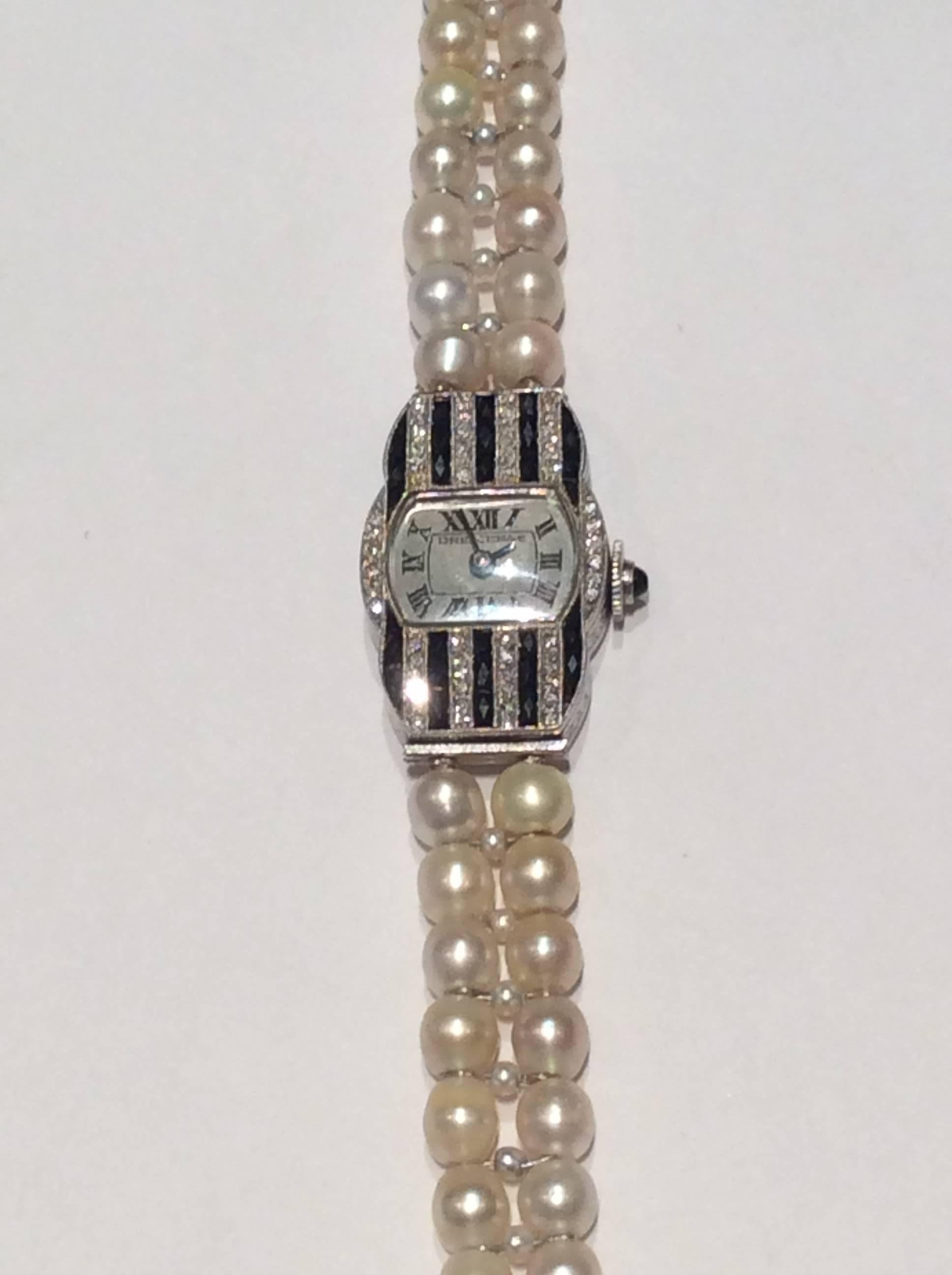 Dreicer & Co. Ladies Art Deco Diamond Natural Pearl Onyx Wristwatch In Excellent Condition In Berlin, DE