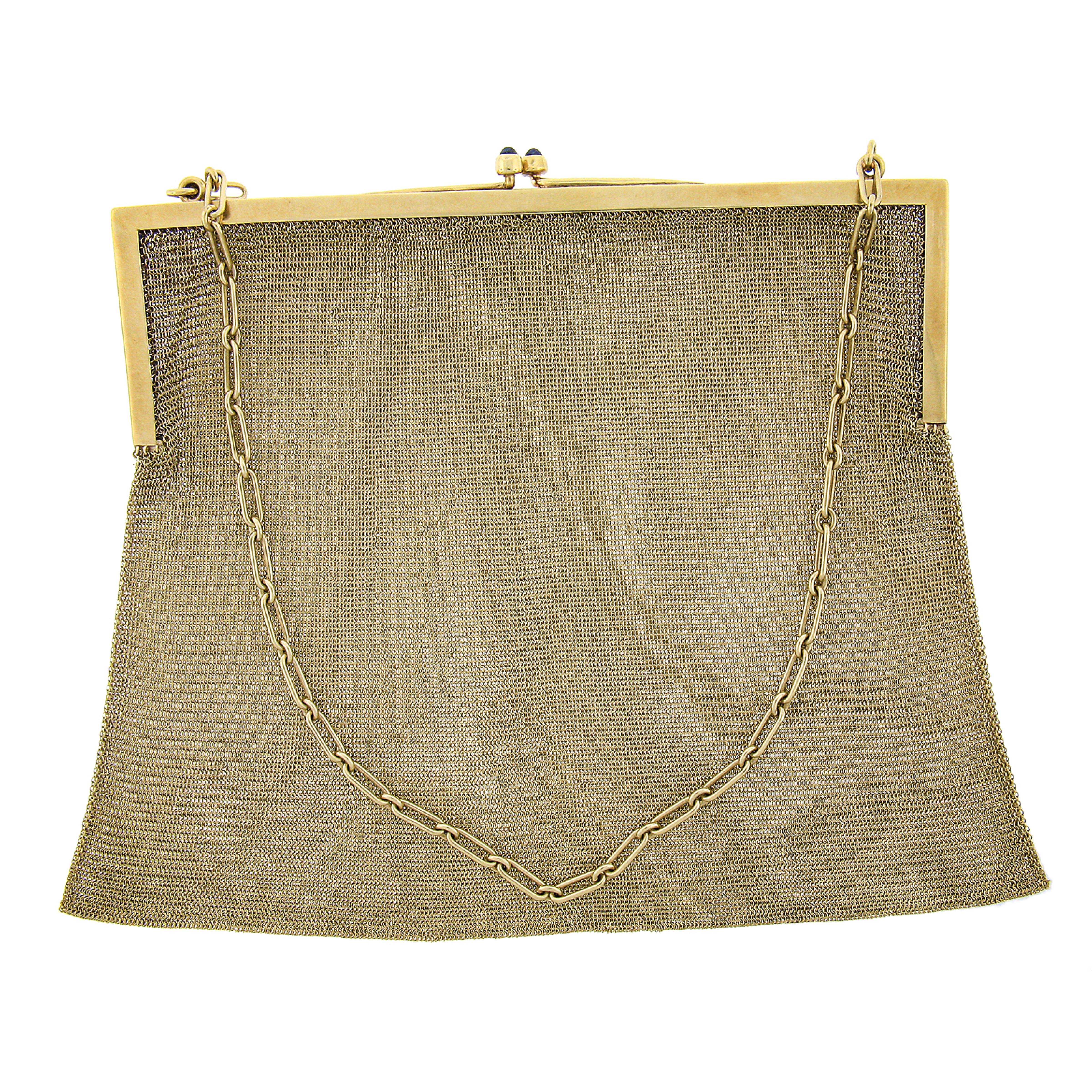 This incredibly designed, antique, flexible mesh purse was crafted during the art deco period from solid 14k yellow gold. This fine piece is designed by Dreicer & Co. and features a stunning sapphire and diamond lined top that adds a truly glamorous