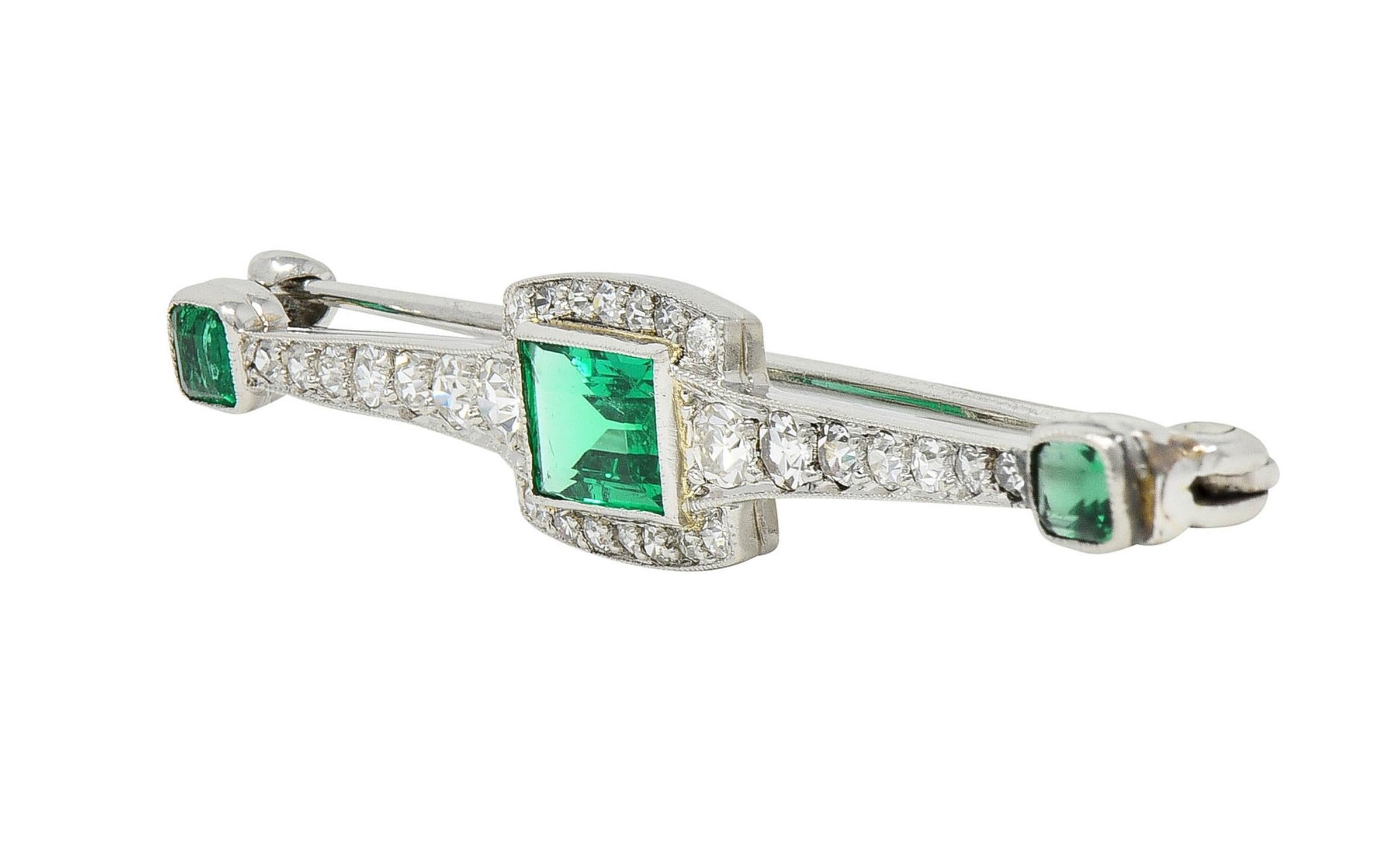 Single Cut Dreicer & Co. Art Deco 1.49 CTW Emerald Diamond Platinum Antique Bar Brooch