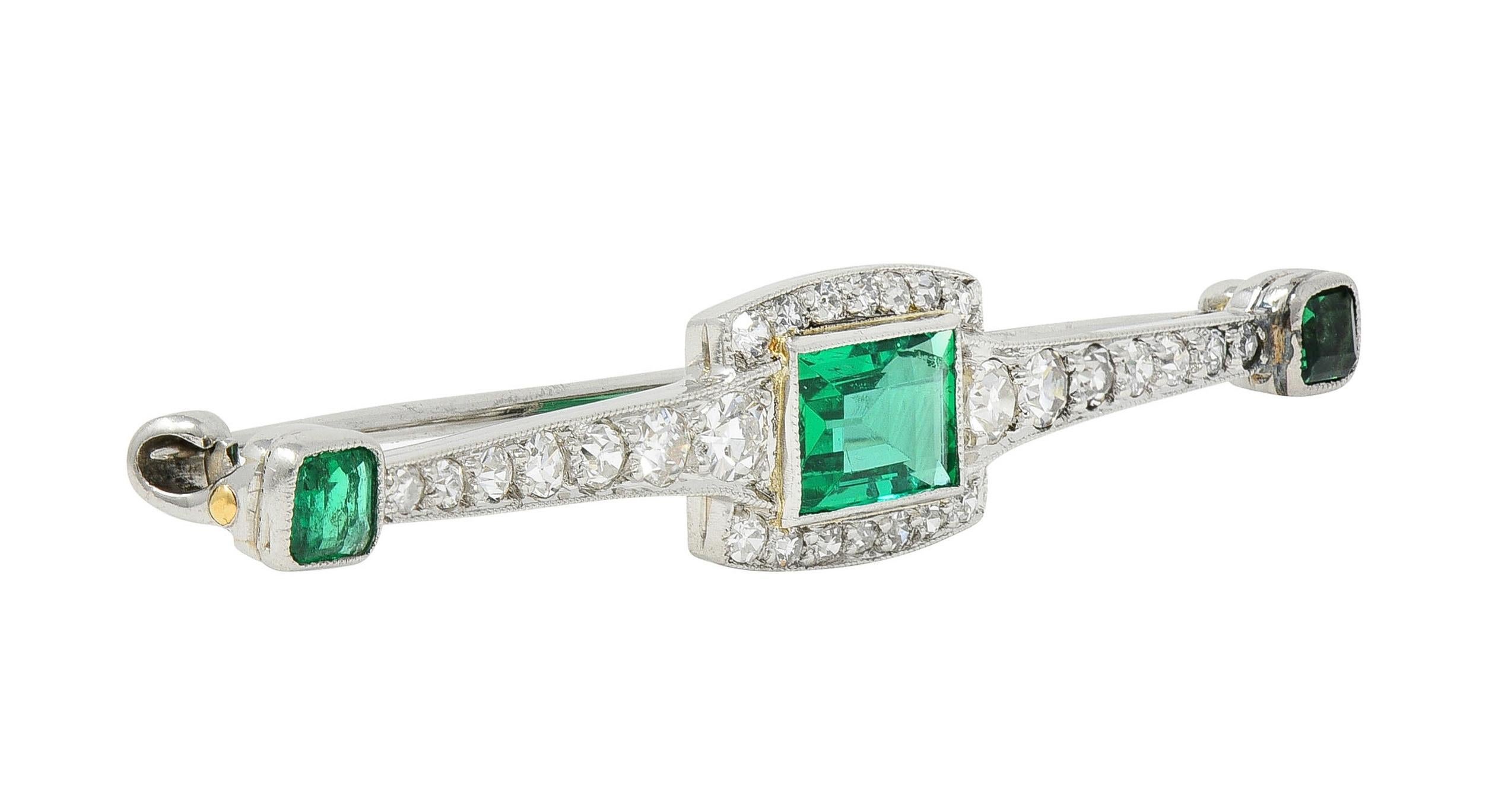 Women's or Men's Dreicer & Co. Art Deco 1.49 CTW Emerald Diamond Platinum Antique Bar Brooch
