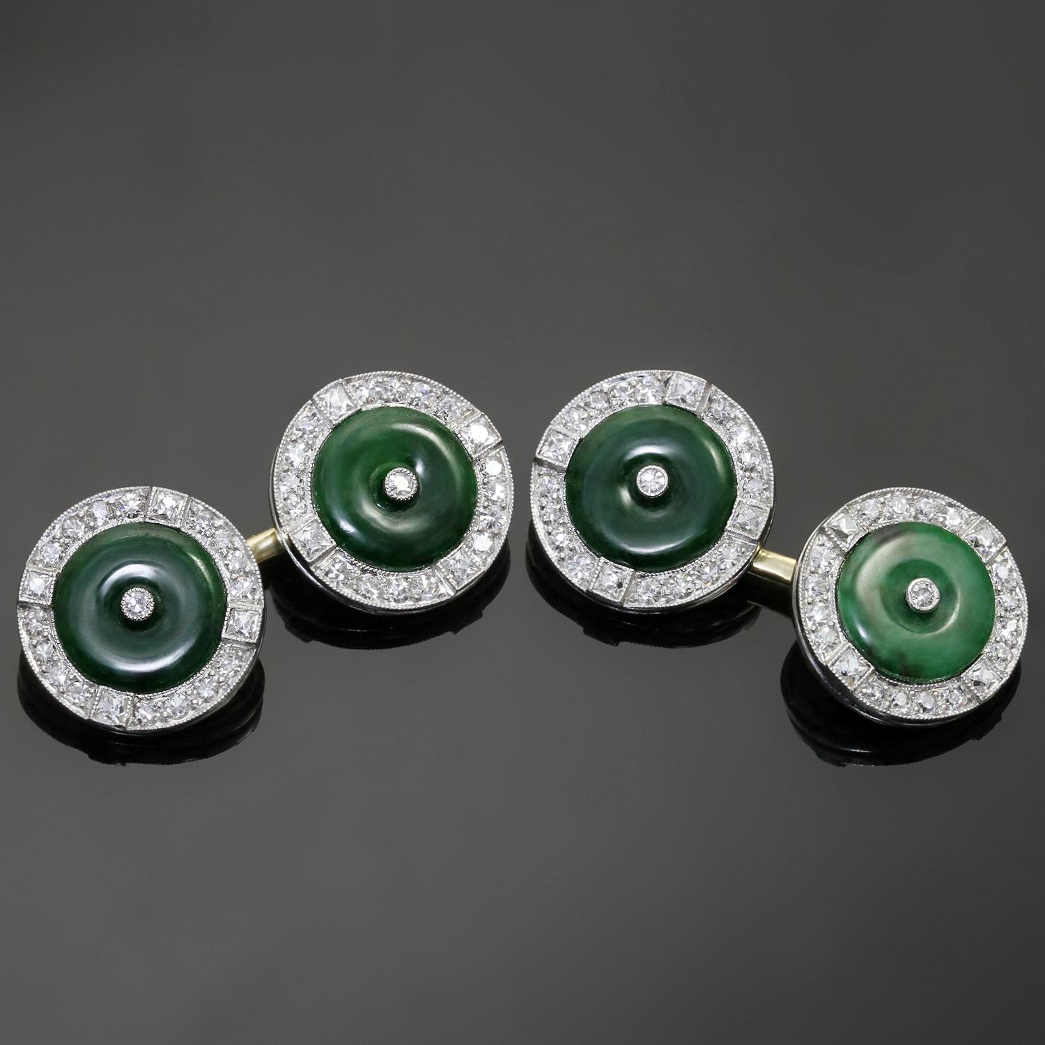 These lovely rare Art De-co  double-panel cuff-links of the very highest order. Masterfully handcrafted in platinum and 14k yellow gold and feature jadeite jade discs measuring 8.81mm x 1.86mm, 64 enhanced with single-cut diamonds weighing an