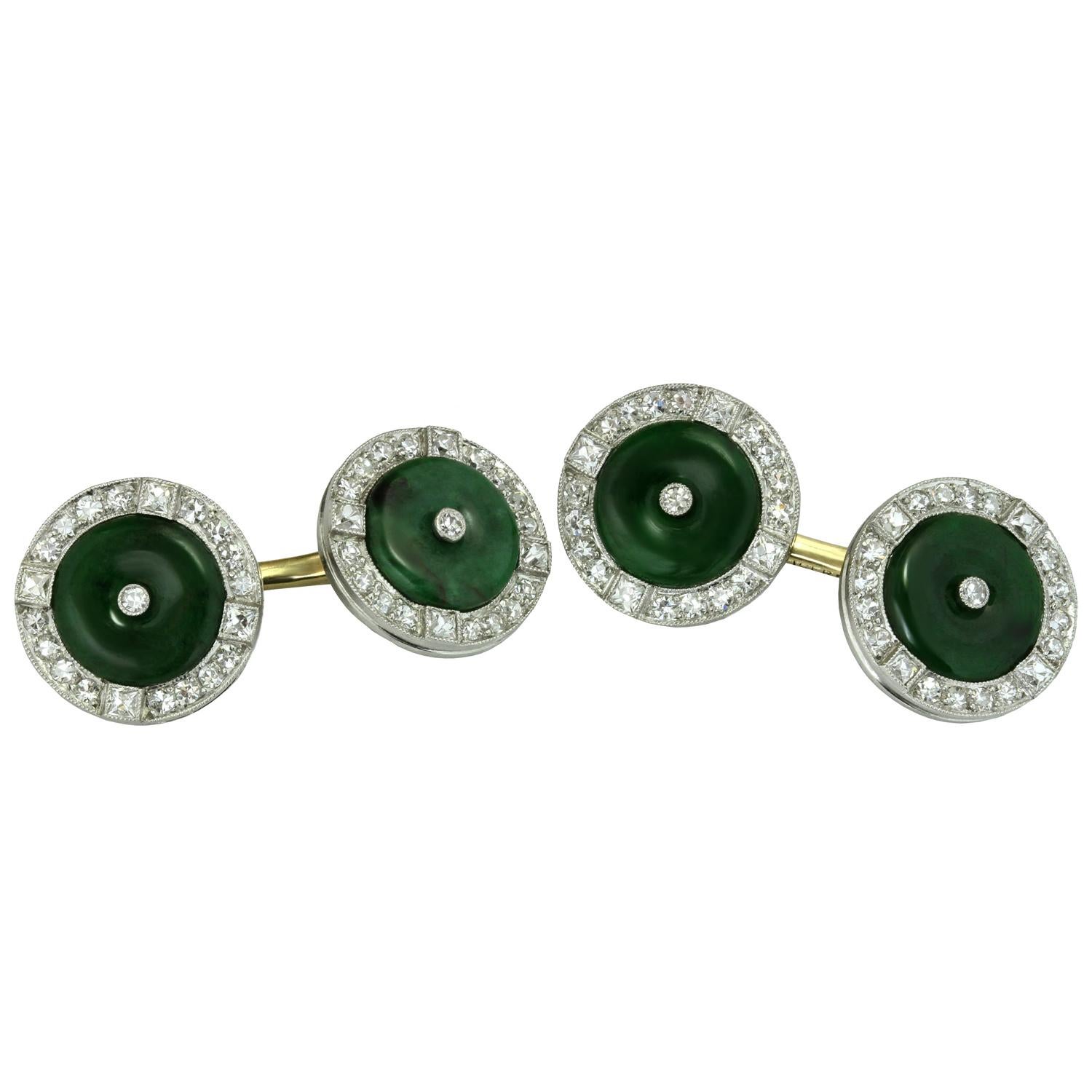 Dreicer & Co. Art Deco Natural Jade Diamond Platinum Gold Cufflinks