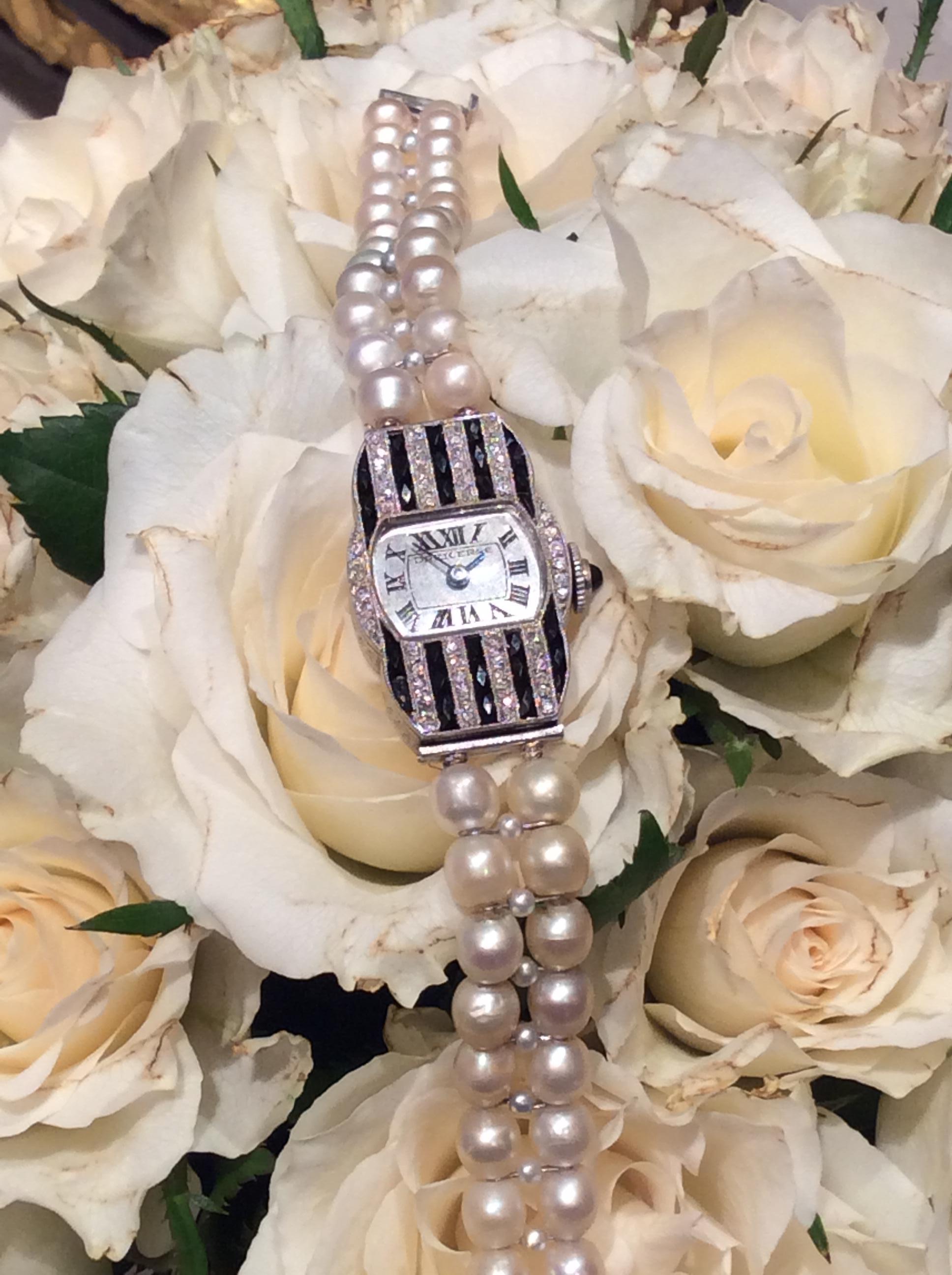 Women's Dreicer & Co. Ladies Art Deco Diamond Natural Pearl Onyx Wristwatch