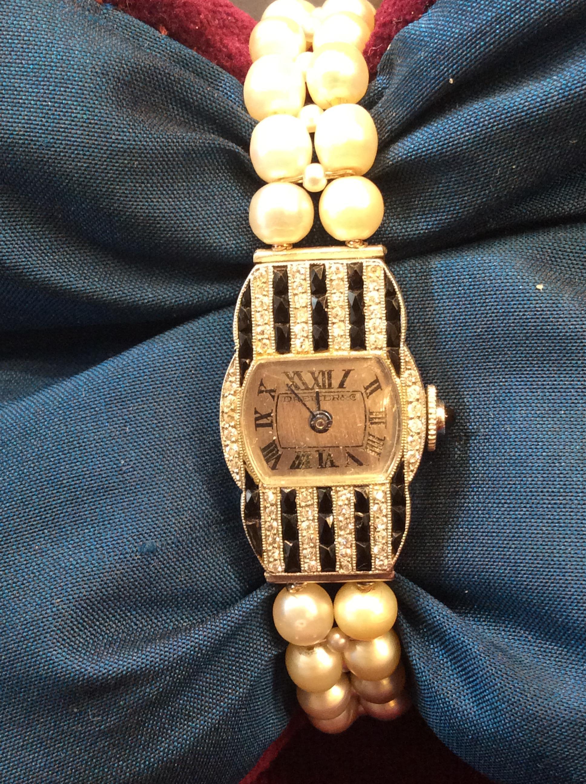 Dreicer & Co. Ladies Art Deco Diamond Natural Pearl Onyx Wristwatch 1