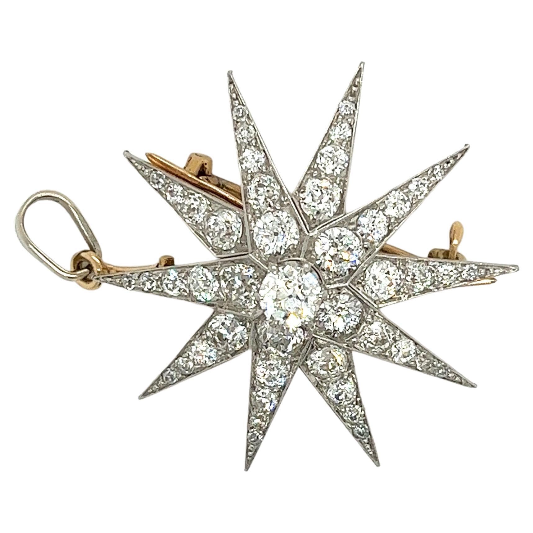 Dreicer & Co. Old Euro Cut Diamond Star Shaped Pendant or Pin in 18 Karat Gold  For Sale