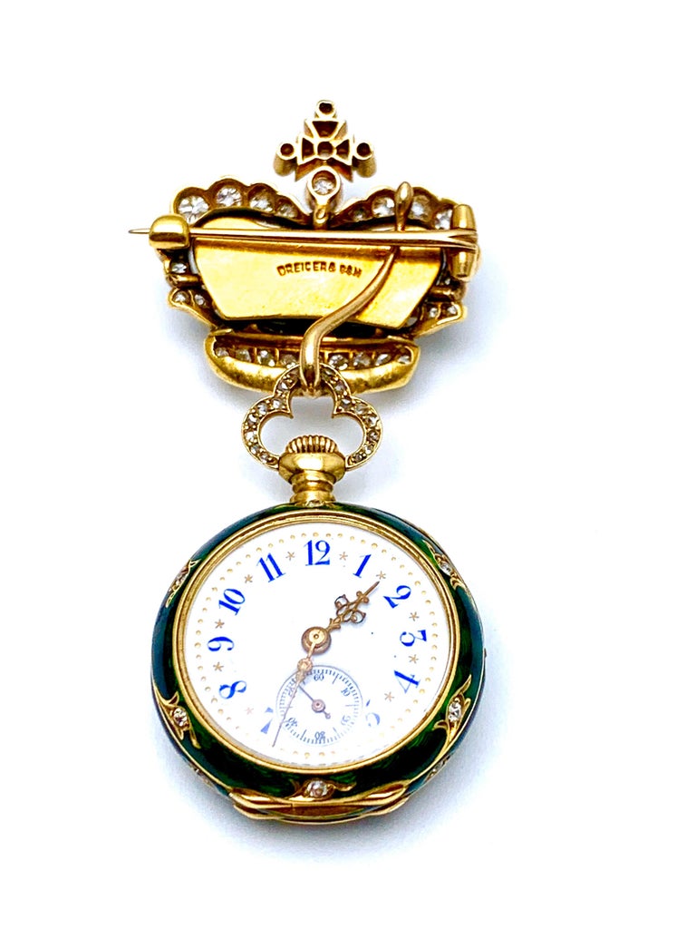 Dreicer and Son yellow gold Diamond Green Enamel pocket Watch Brooch at