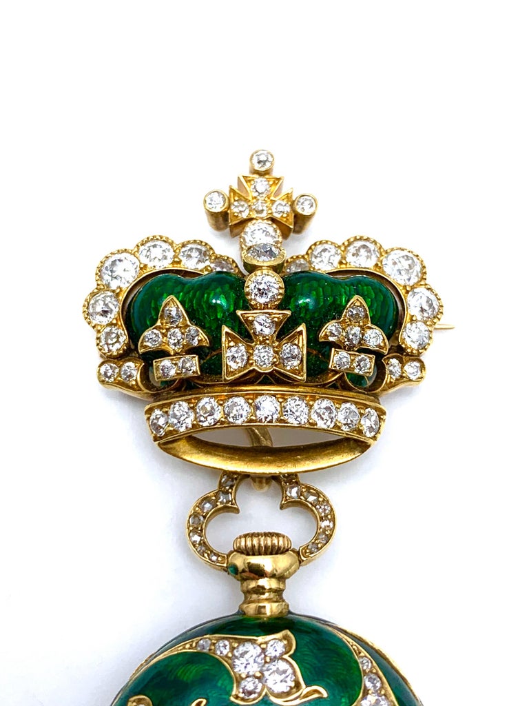 Dreicer and Son yellow gold Diamond Green Enamel pocket Watch Brooch at ...