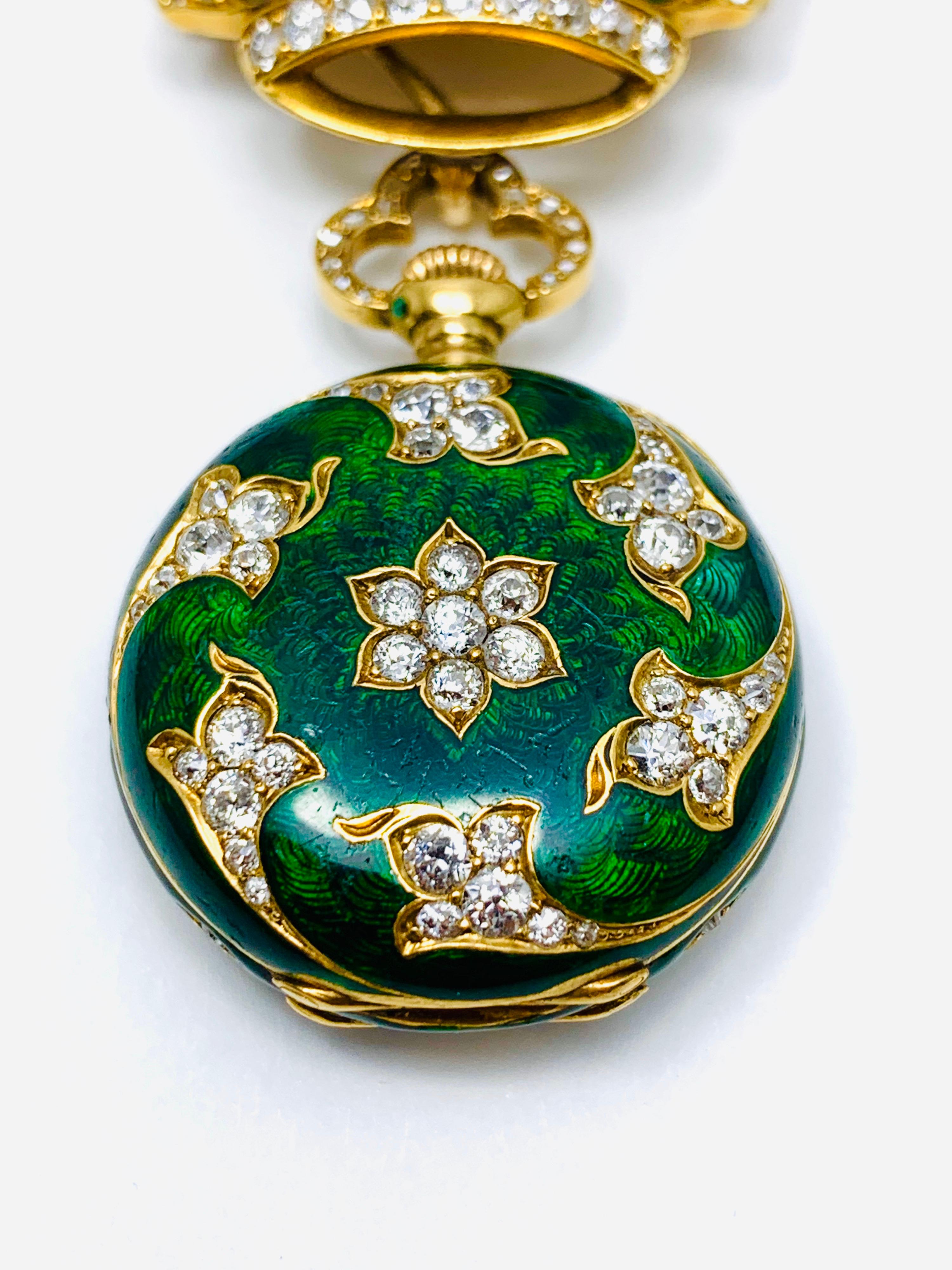 Women's or Men's Dreicer & Son yellow gold Diamond Green Enamel pocket Watch Brooch