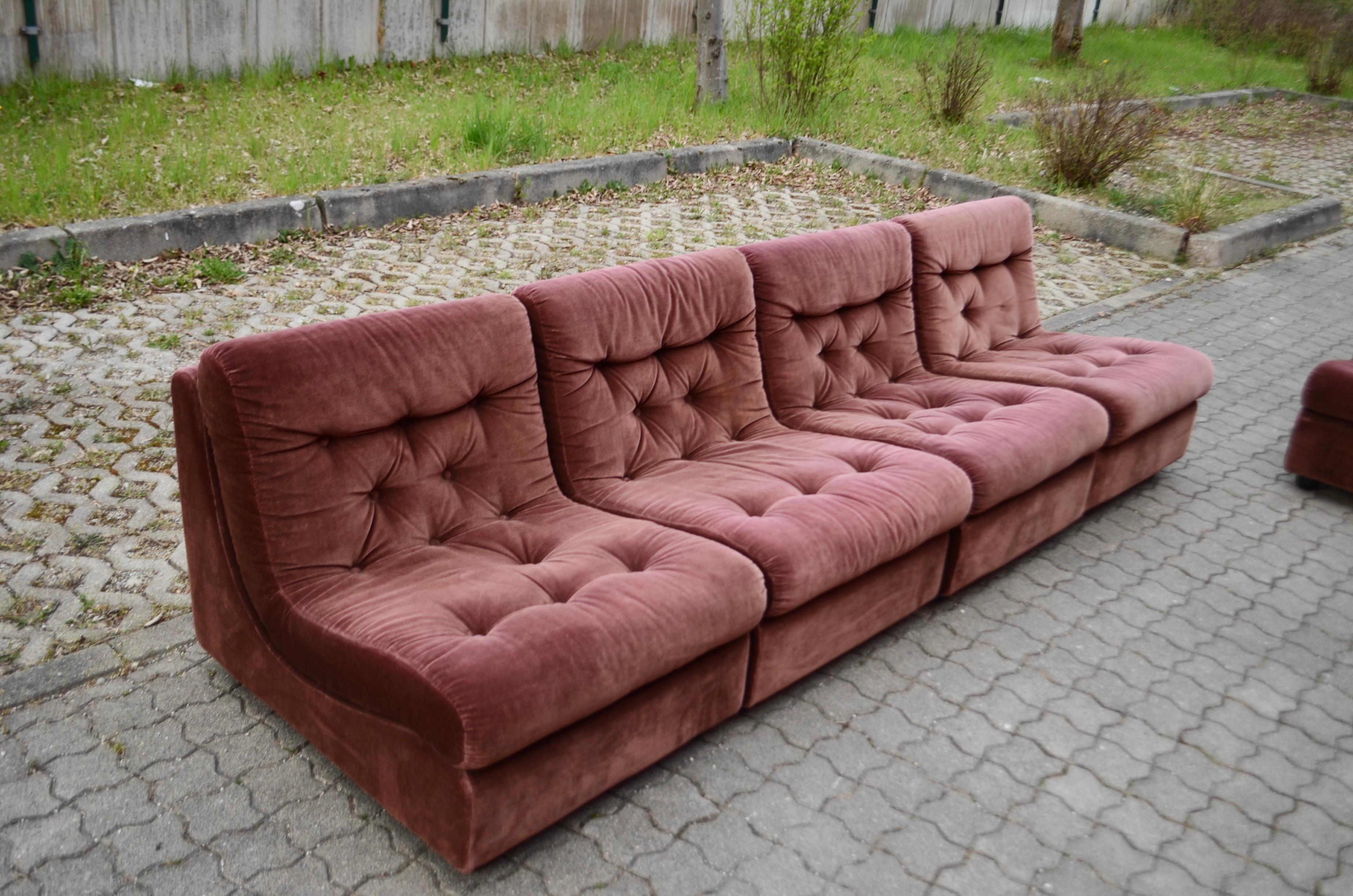 German Dreipunkt International Vintage Modular Velvet redbrown Sectional Sofa 70ties For Sale