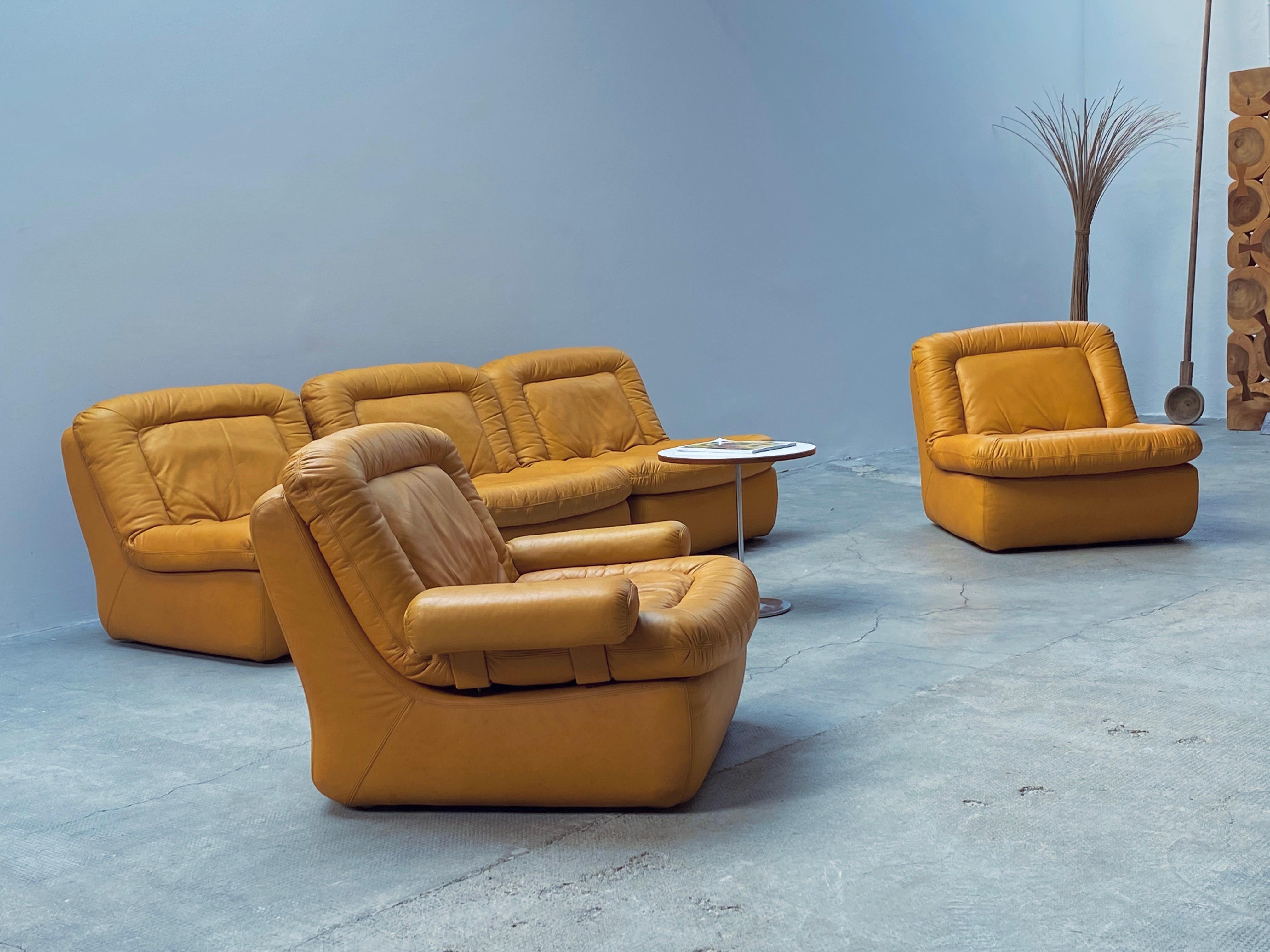 Allemand Dreipunkt Modular Lounge Sessel Sofa Sitzgruppe Leder gelb, Deutschland 1970 en vente