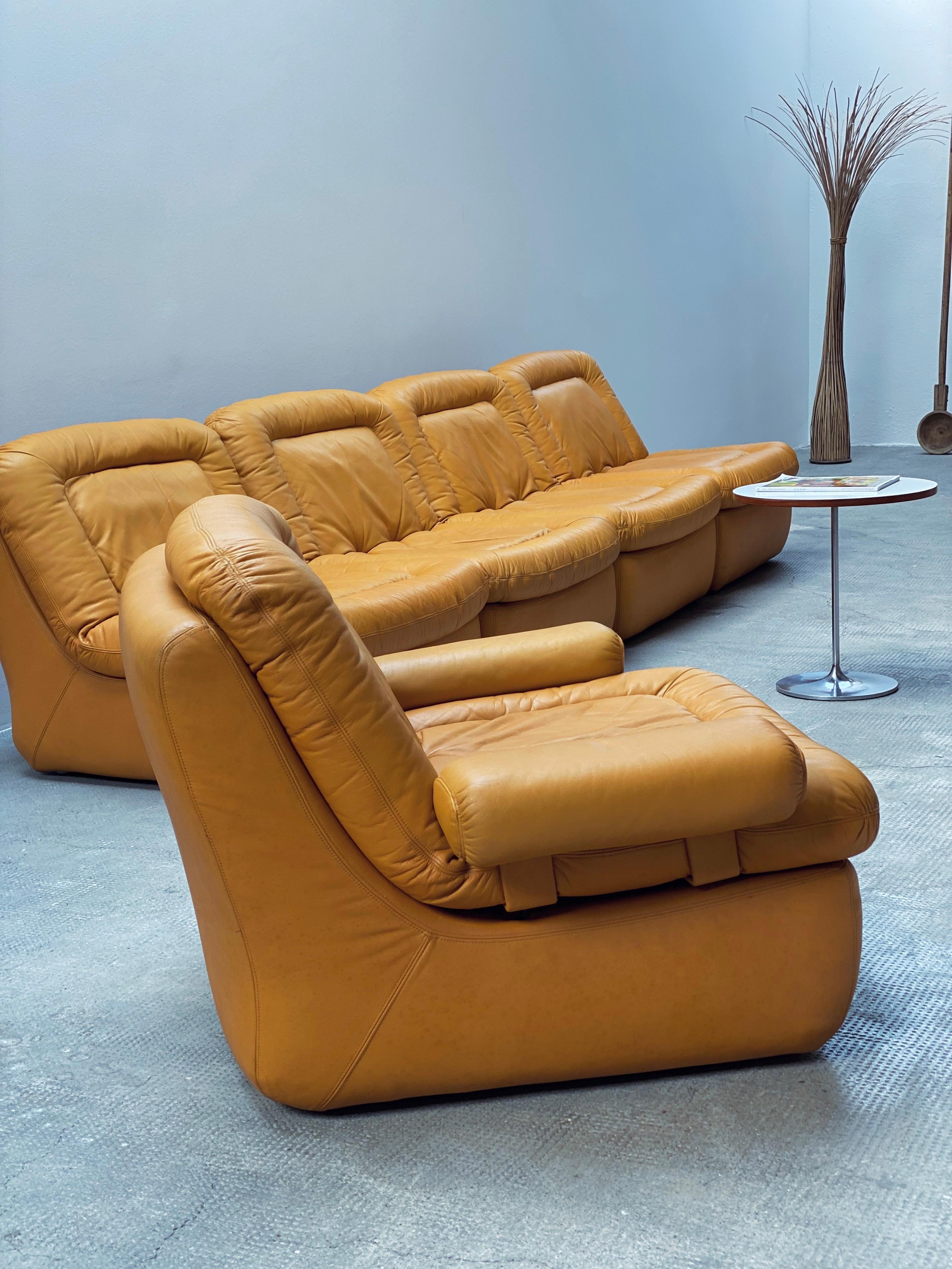 Mid-Century Modern Dreipunkt Modular Lounge Sessel Sofa Sitzgruppe Leder gelb, Deutschland 1970 en vente