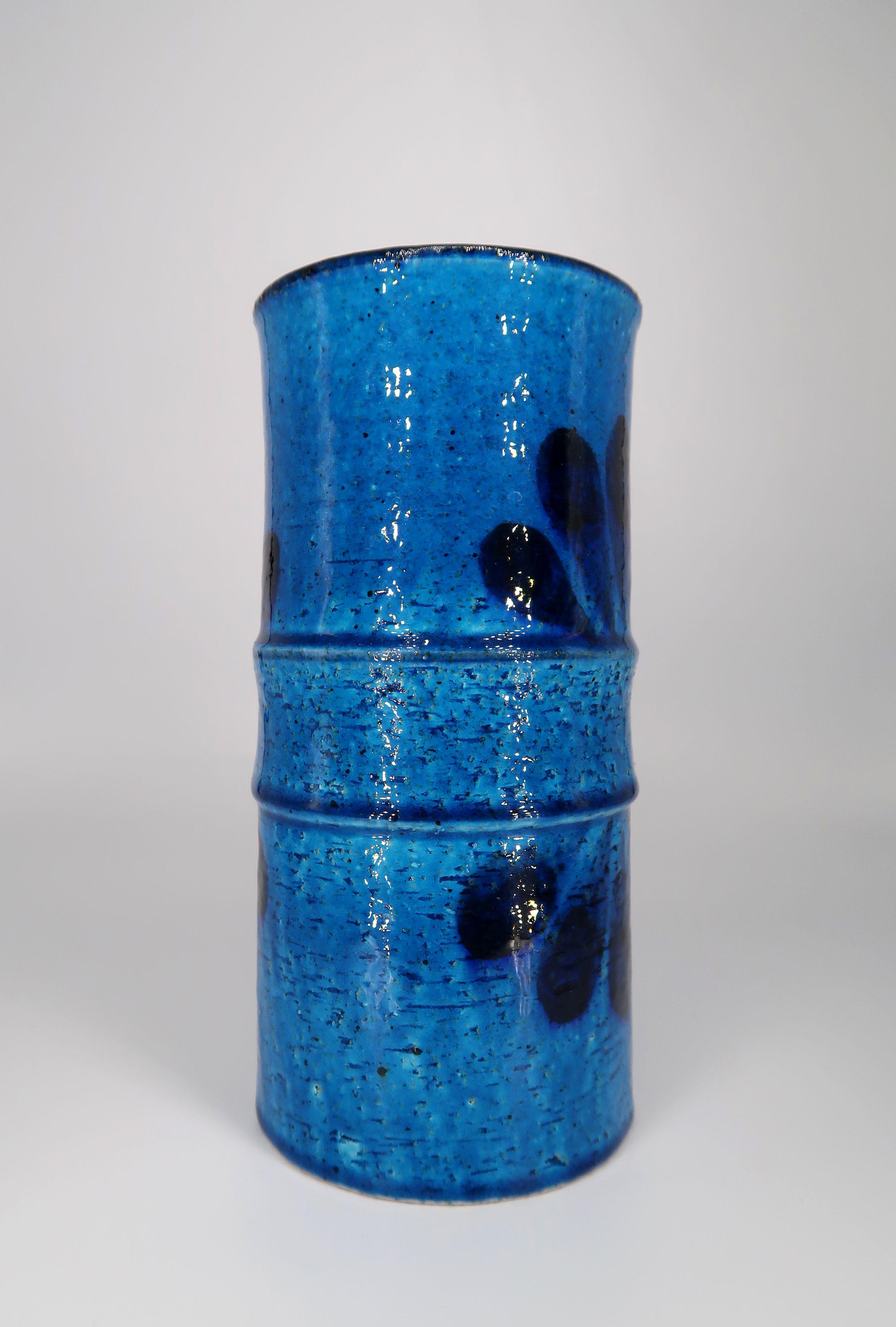 Hand-Painted Rörstrand Swedish Modern Blue Chamotte Ceramic Vase, 1972 For Sale