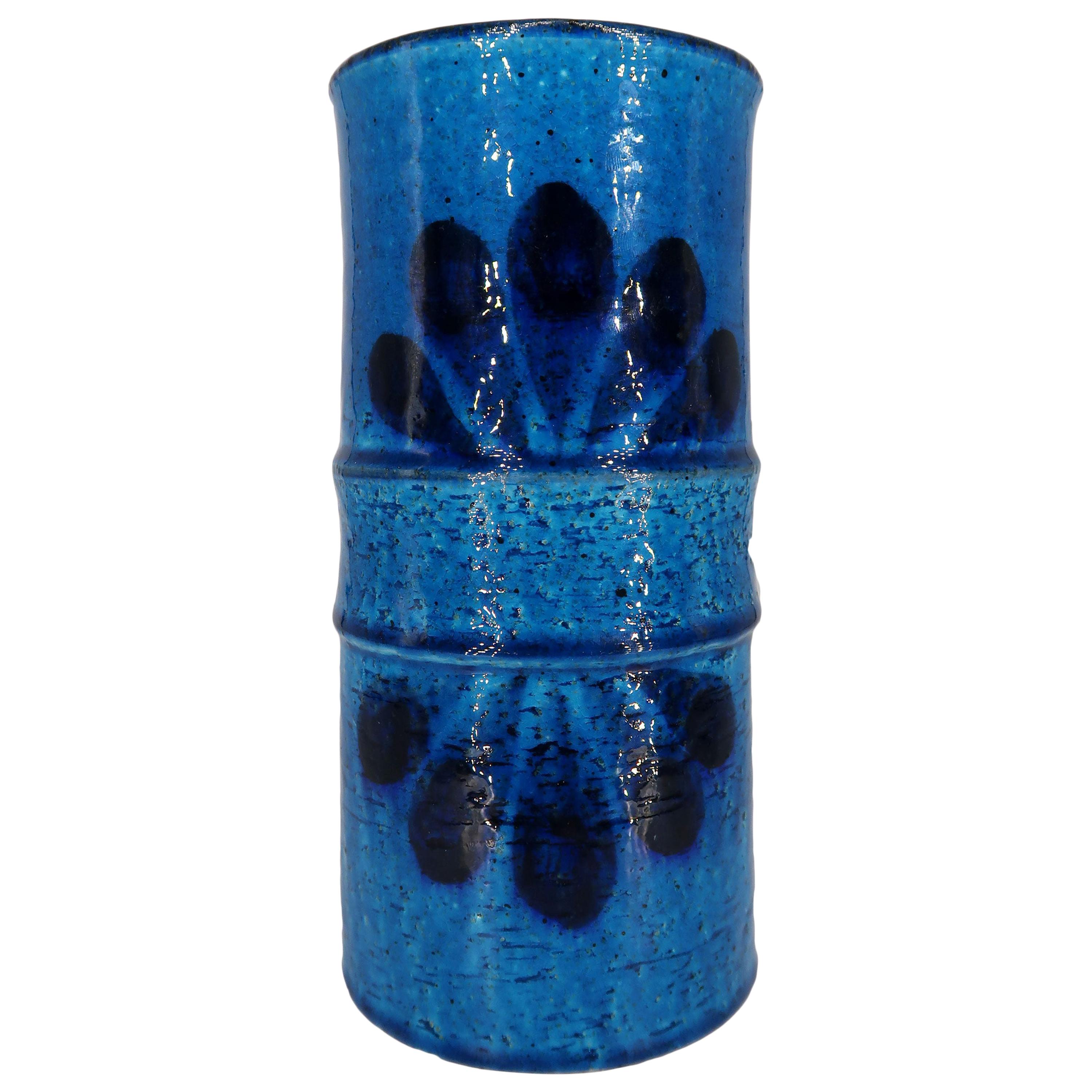 Vase moderne suédois en céramique chamottée bleue de Rörstrand, 1972