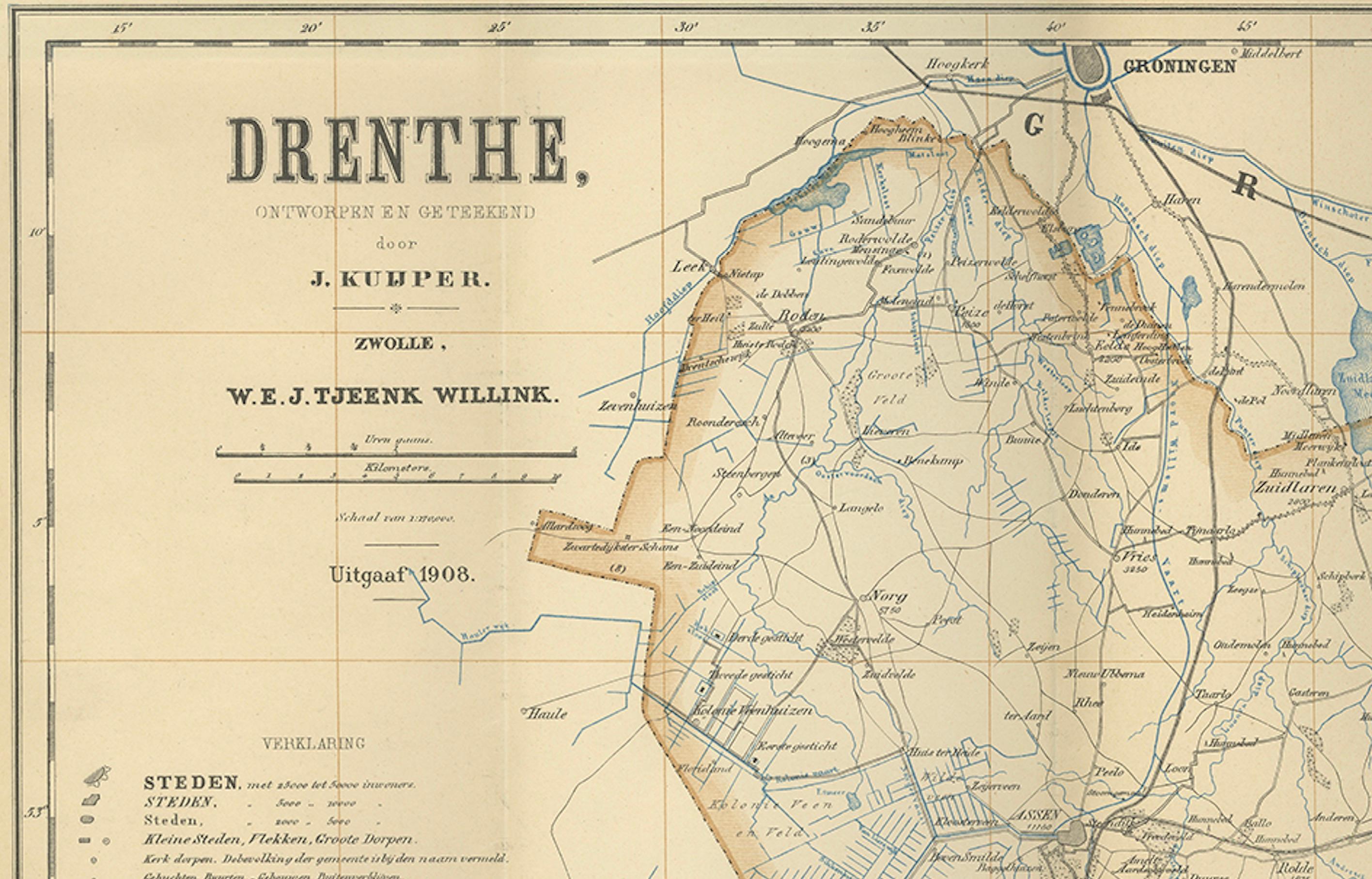 Paper Drenthe Map 1908 – Antique Dutch Provincial Folding Map by J. Kuijper For Sale