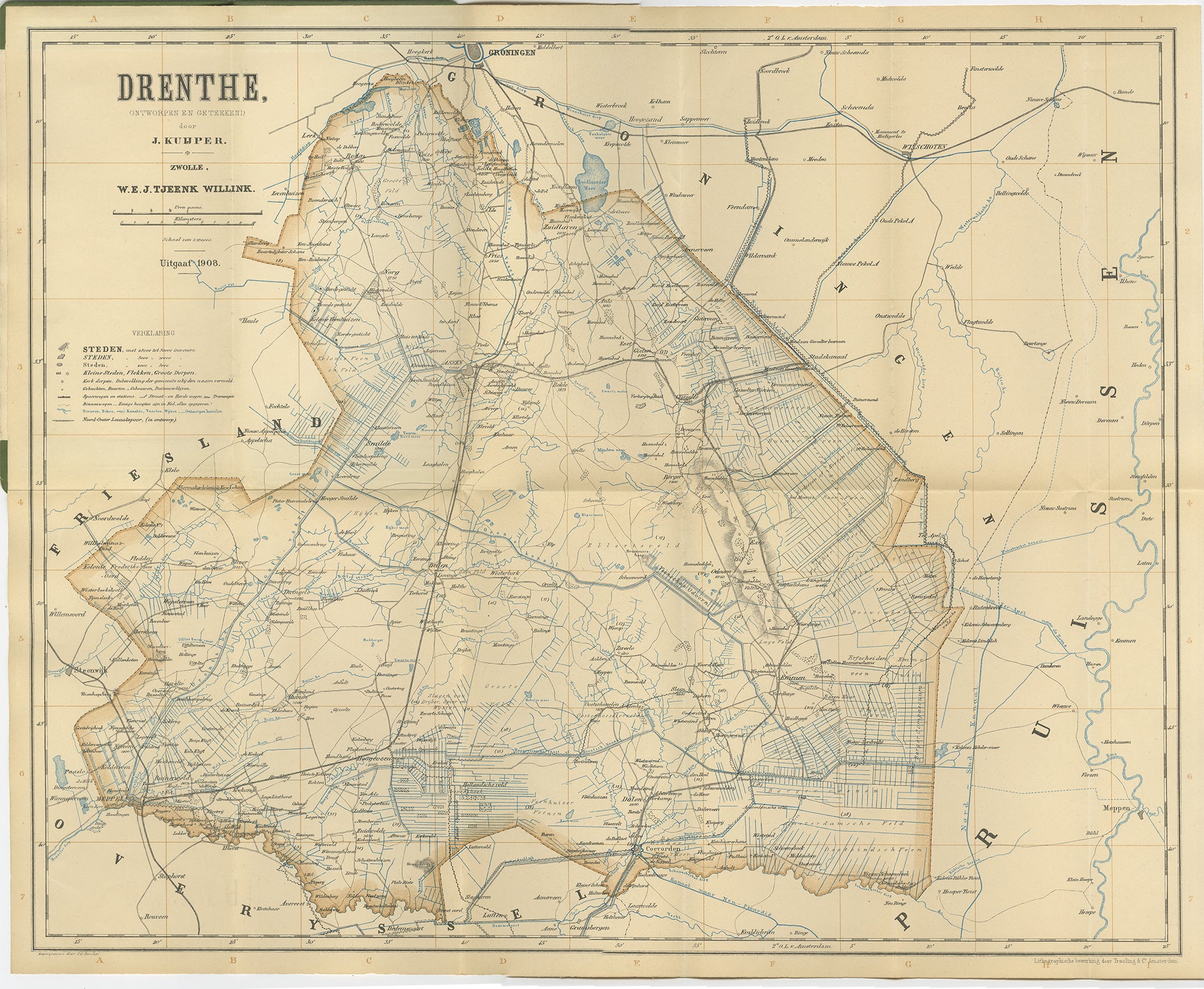 Drenthe Map 1908 – Antique Dutch Provincial Folding Map by J. Kuijper For Sale