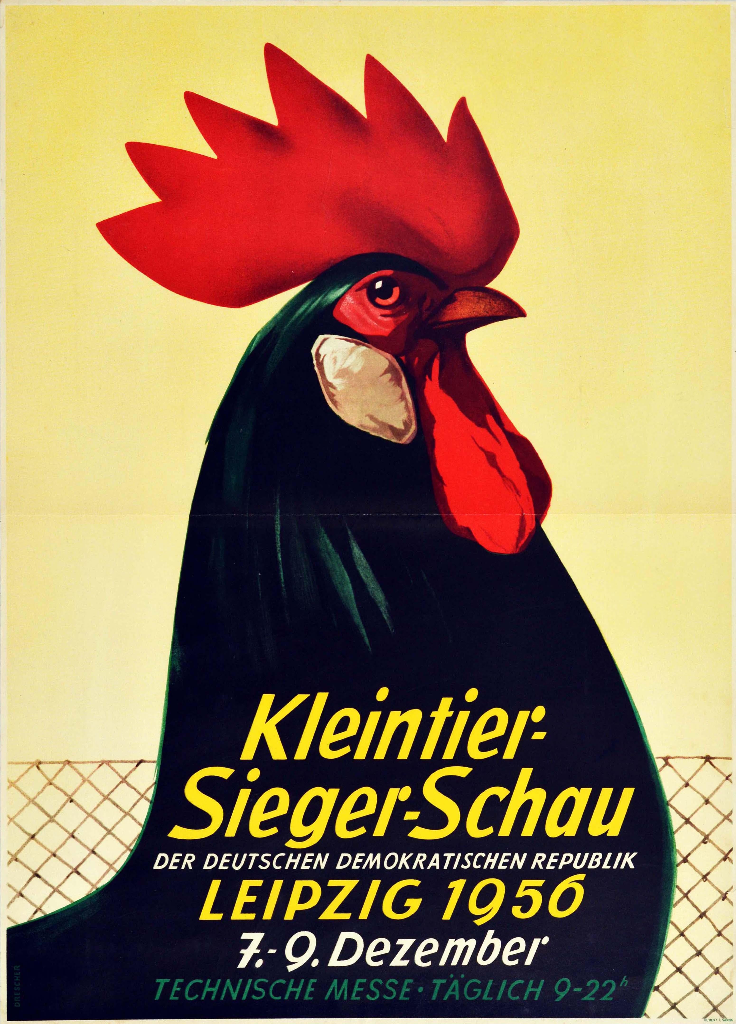 Print Drescher - Affiche rétro originale, Petit exposition d'animaux, Ferme de Leipzig, Cockerel Rooster, œuvre d'art