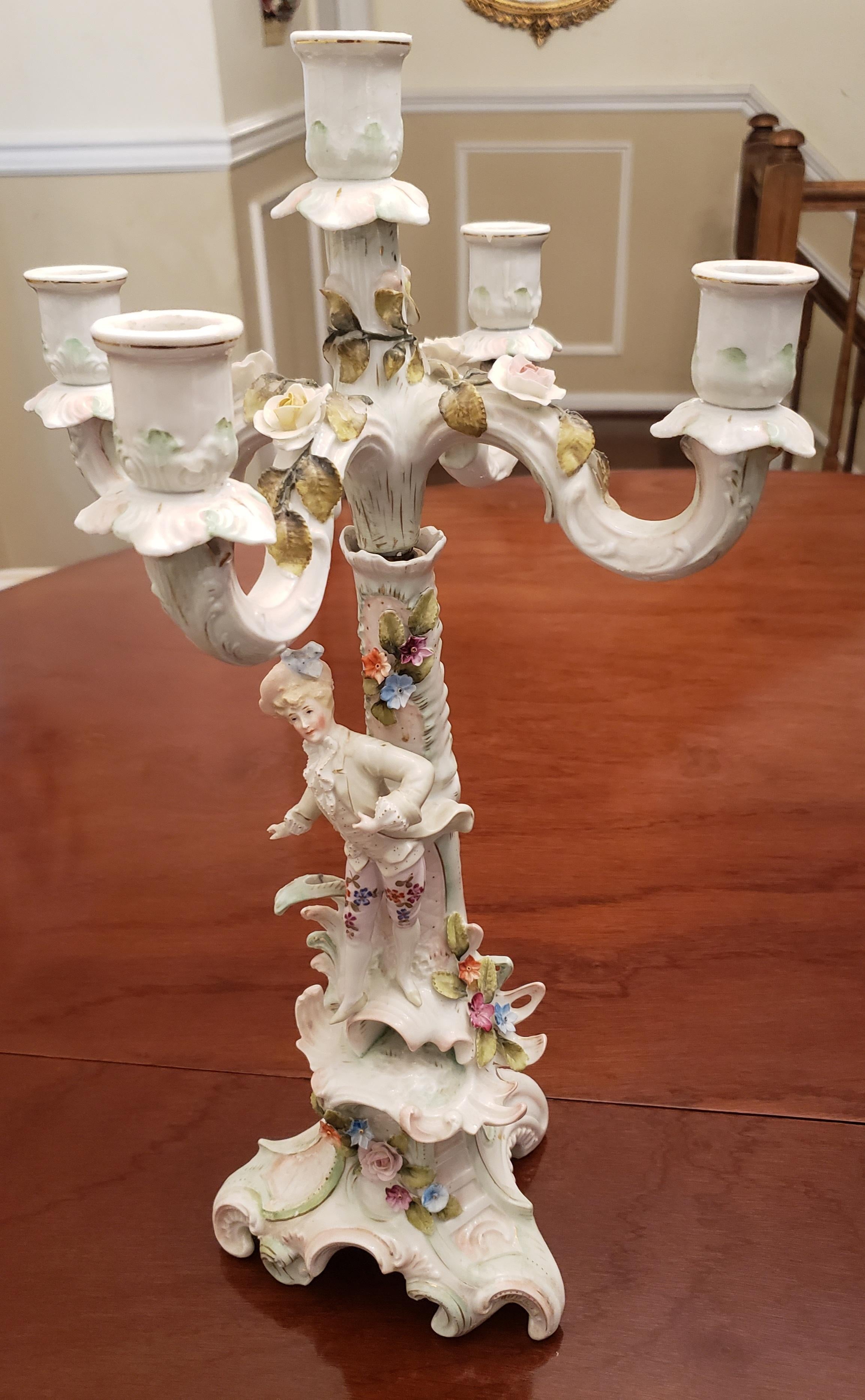 Hand-Crafted Dresden 5 Arms Porcelain Candelabras, circa 1930s a Pair For Sale