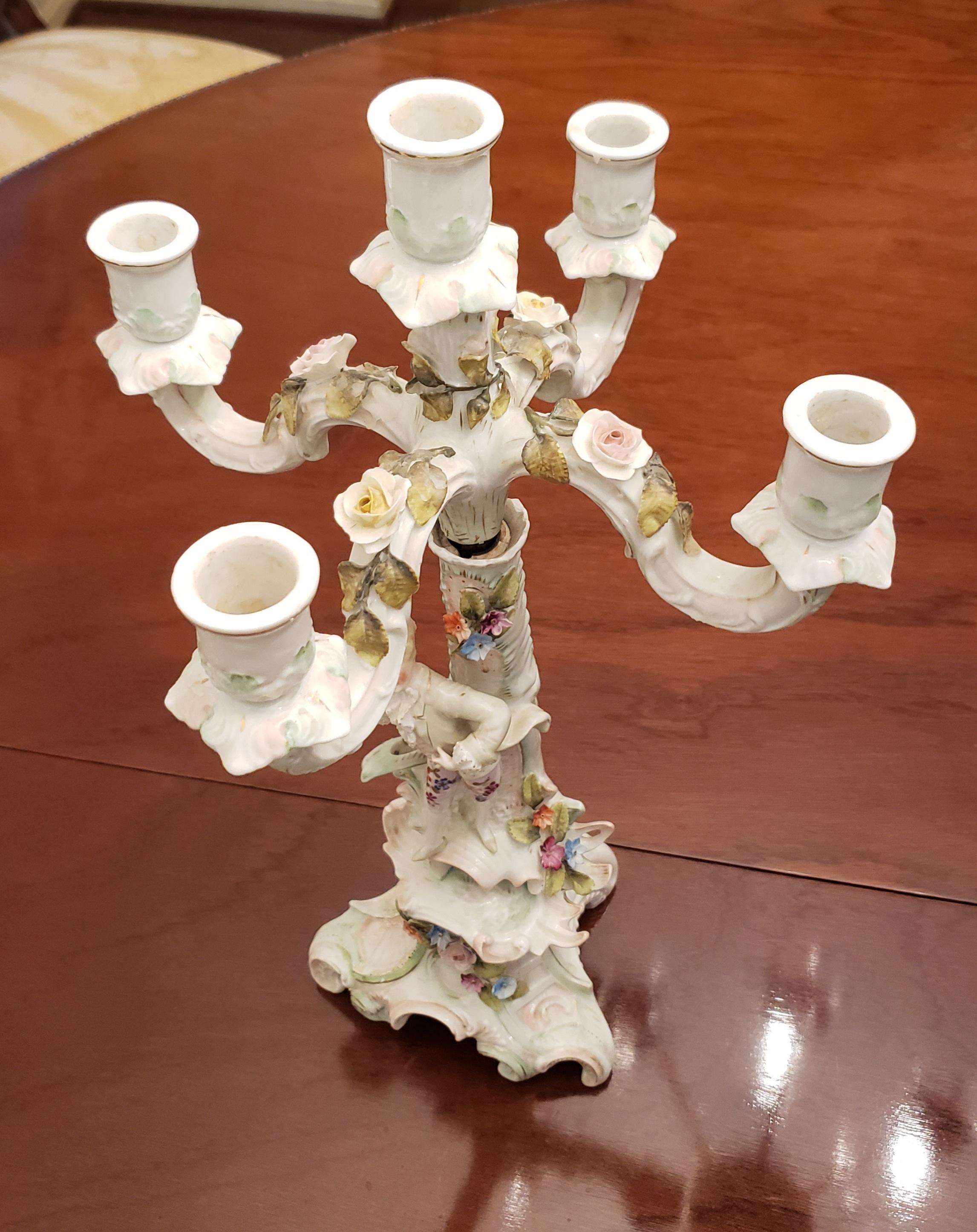 Dresden 5 Arms Porcelain Candelabras, circa 1930s a Pair In Good Condition For Sale In Germantown, MD