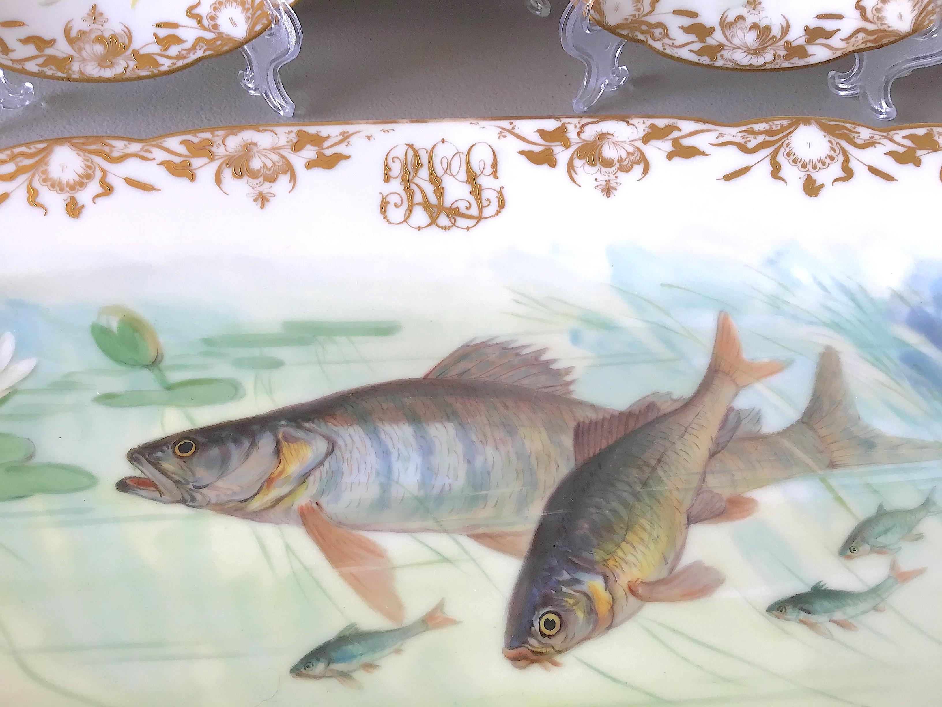 Dresden Ambrosius Lamm Dinner Fish Set Service for 14 Hand Painted, Ca 1930 For Sale 11