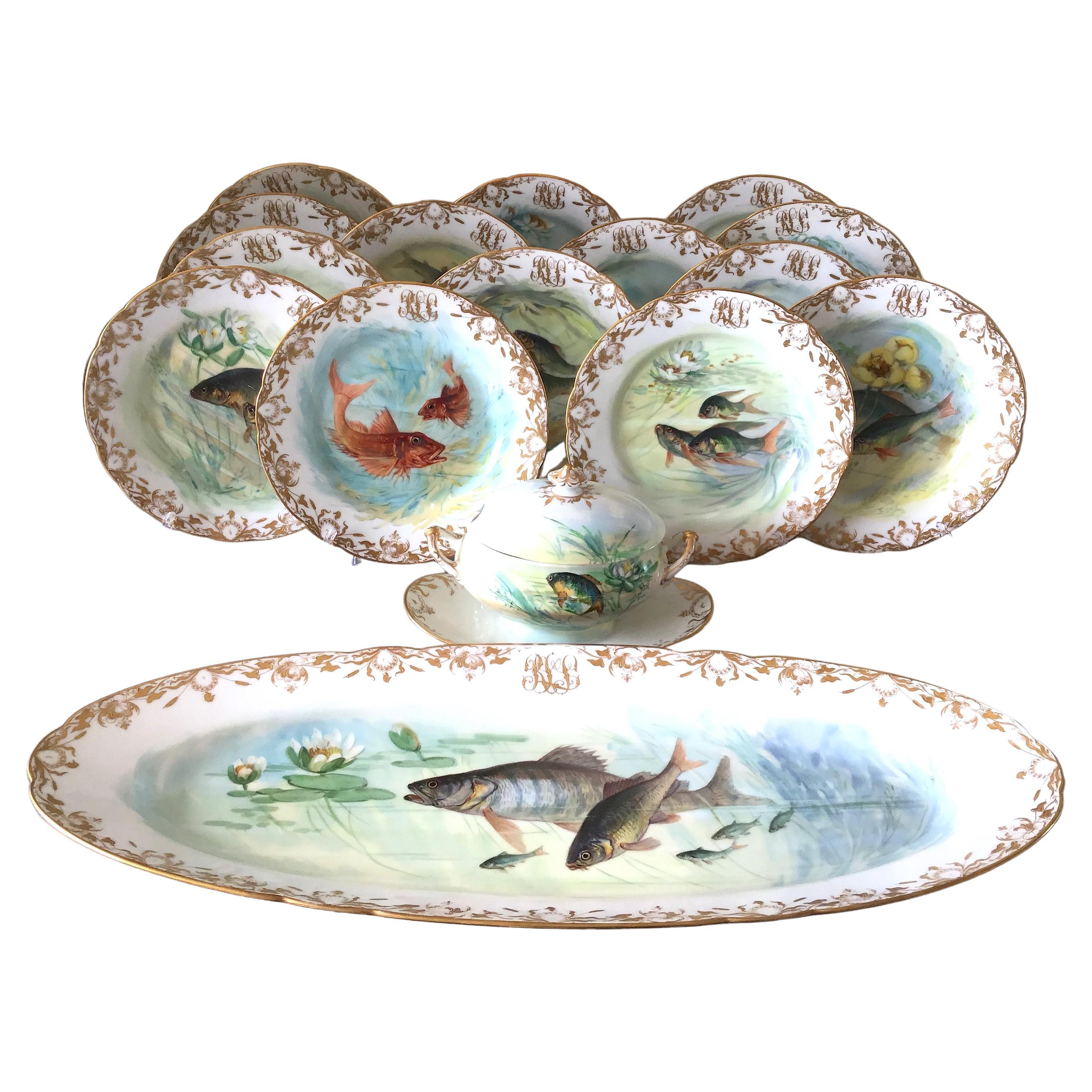 Dresde Ambrosius Lamm Cena Servicio de Pescado para 14 Pintado a mano, ca 1930 en venta