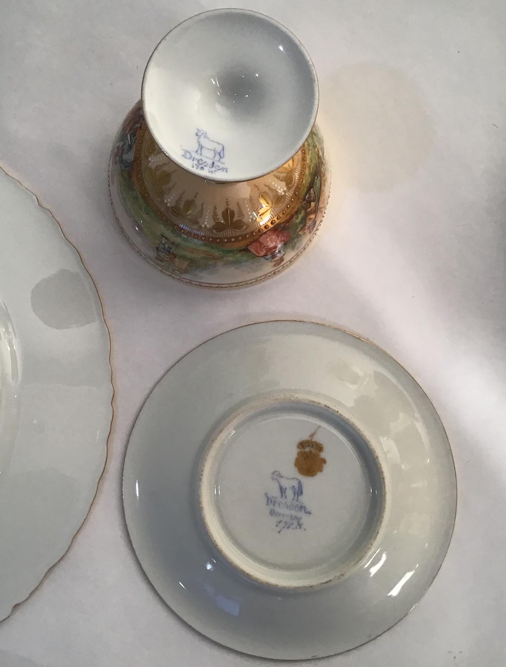 Dresden Ambrosius Lamm Footed Cups and Dessert Plates Set of 10 Hand Painted For Sale 9