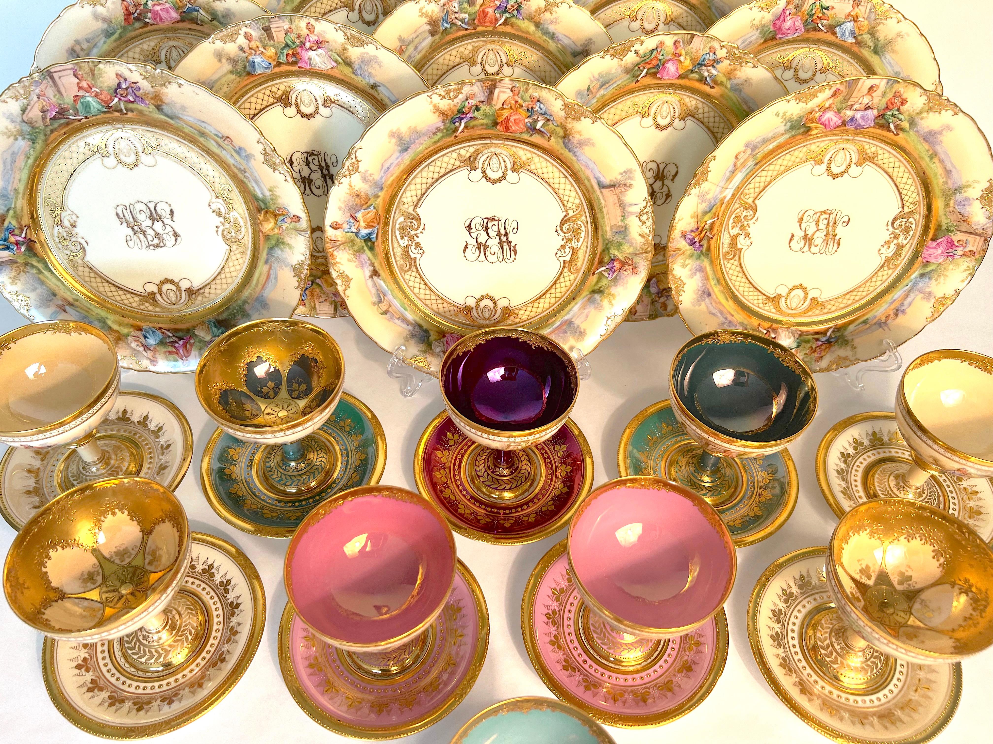 Dresden Ambrosius Lamm Footed Cups and Dessert Plates Set for 10 Hand Painted In Good Condition For Sale In Austin, TX