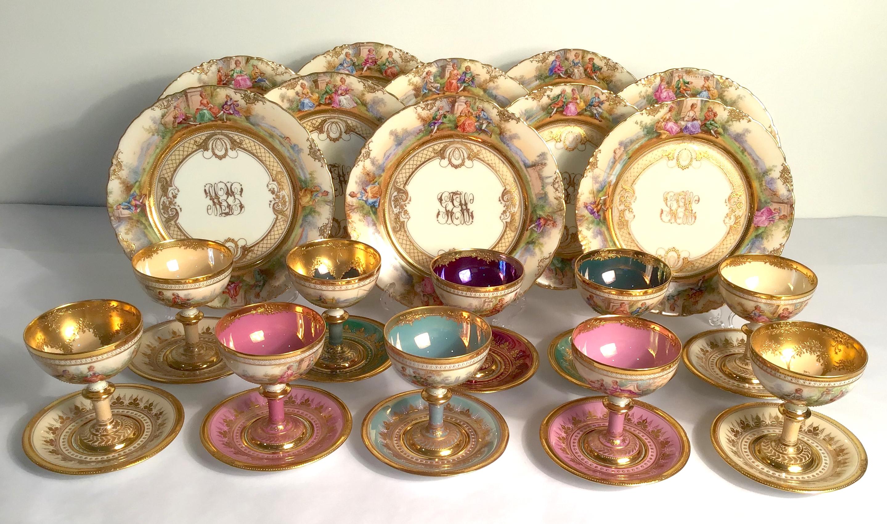 Beaded Dresden Ambrosius Lamm Footed Cups and Dessert Plates Set for 10 Hand Painted For Sale