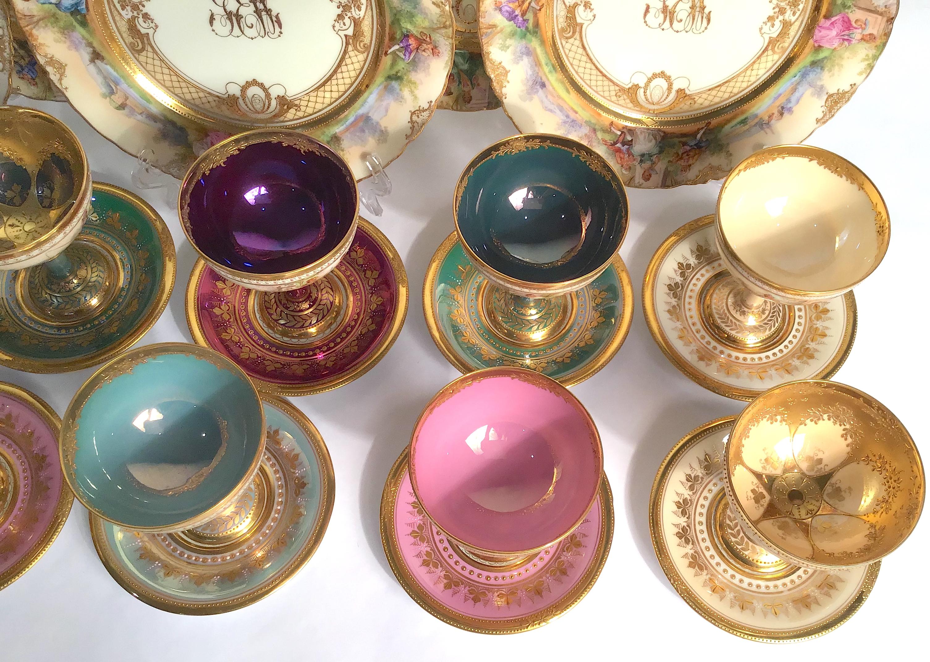 Early 20th Century Dresden Ambrosius Lamm Footed Cups and Dessert Plates Set for 10 Hand Painted For Sale