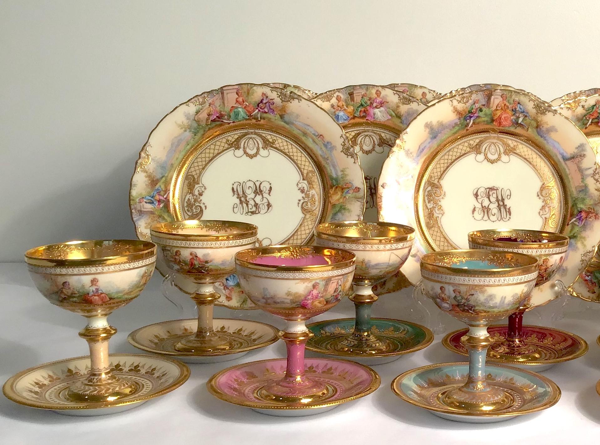 Dresden Ambrosius Lamm Footed Cups and Dessert Plates Set for 10 Hand Painted For Sale 1