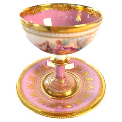 Tasse et soucoupe à pied « Dresden Ambrosius Lamm » rose, antique