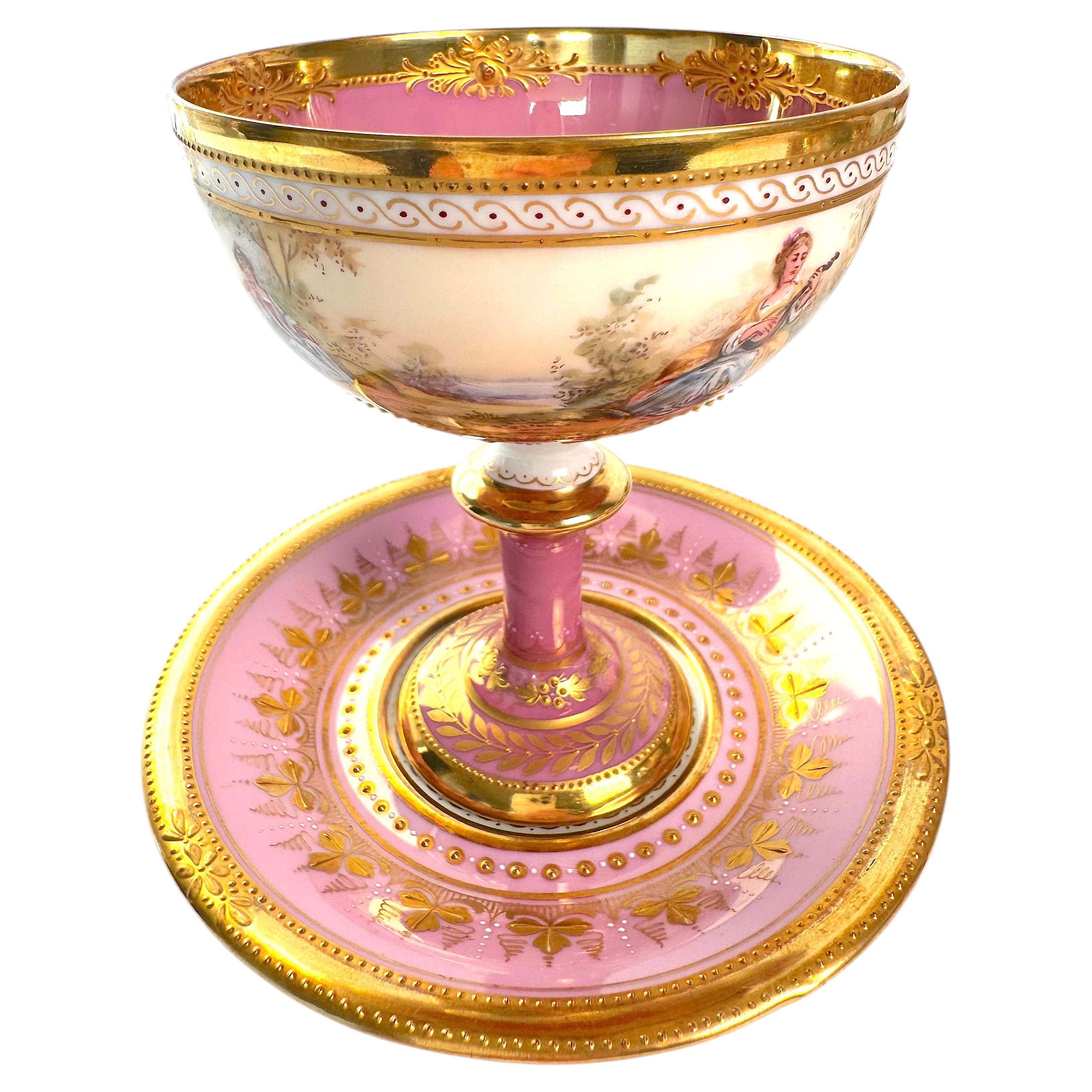 Dresden Ambrosius Lamm Pink Footed Cup and Saucer Antique For Sale
