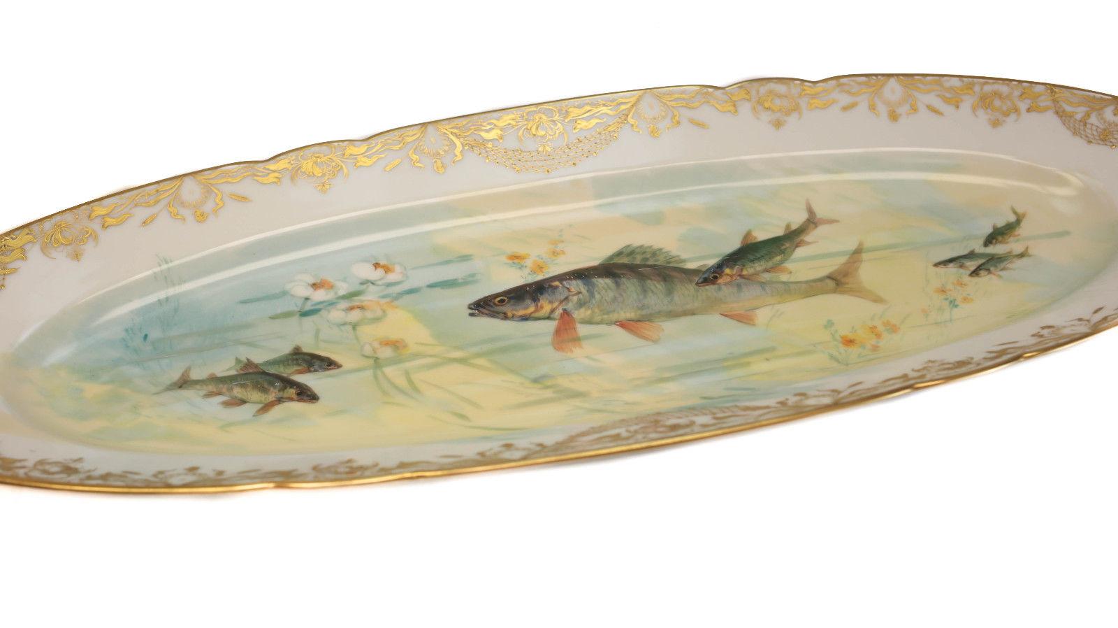 European Dresden Ambrosius Lamm Porcelain Hand Painted Fish Service for 12 For Sale