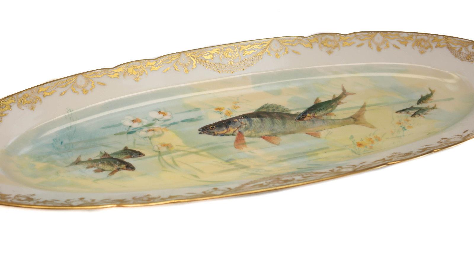 European Dresden Ambrosius Lamm Porcelain Hand Painted Fish Service for 12 For Sale