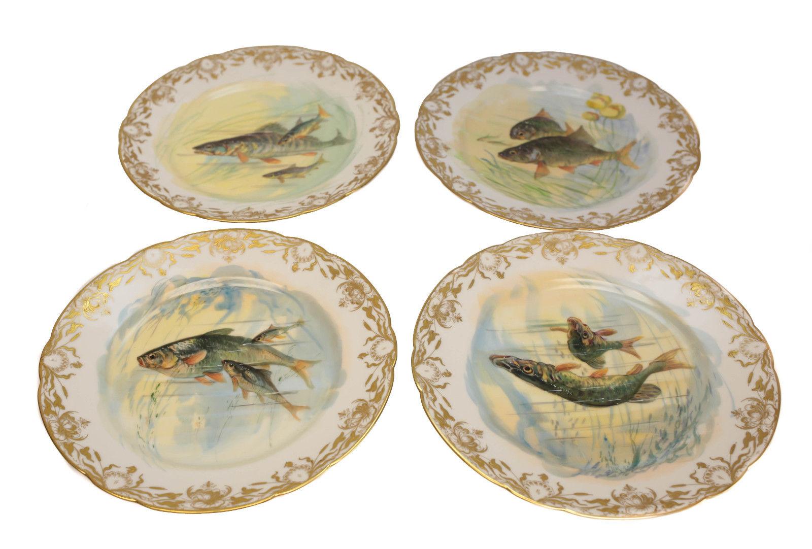 Dresden Ambrosius Lamm Porcelain Hand Painted Fish Service for 12 In Good Condition For Sale In Pasadena, CA