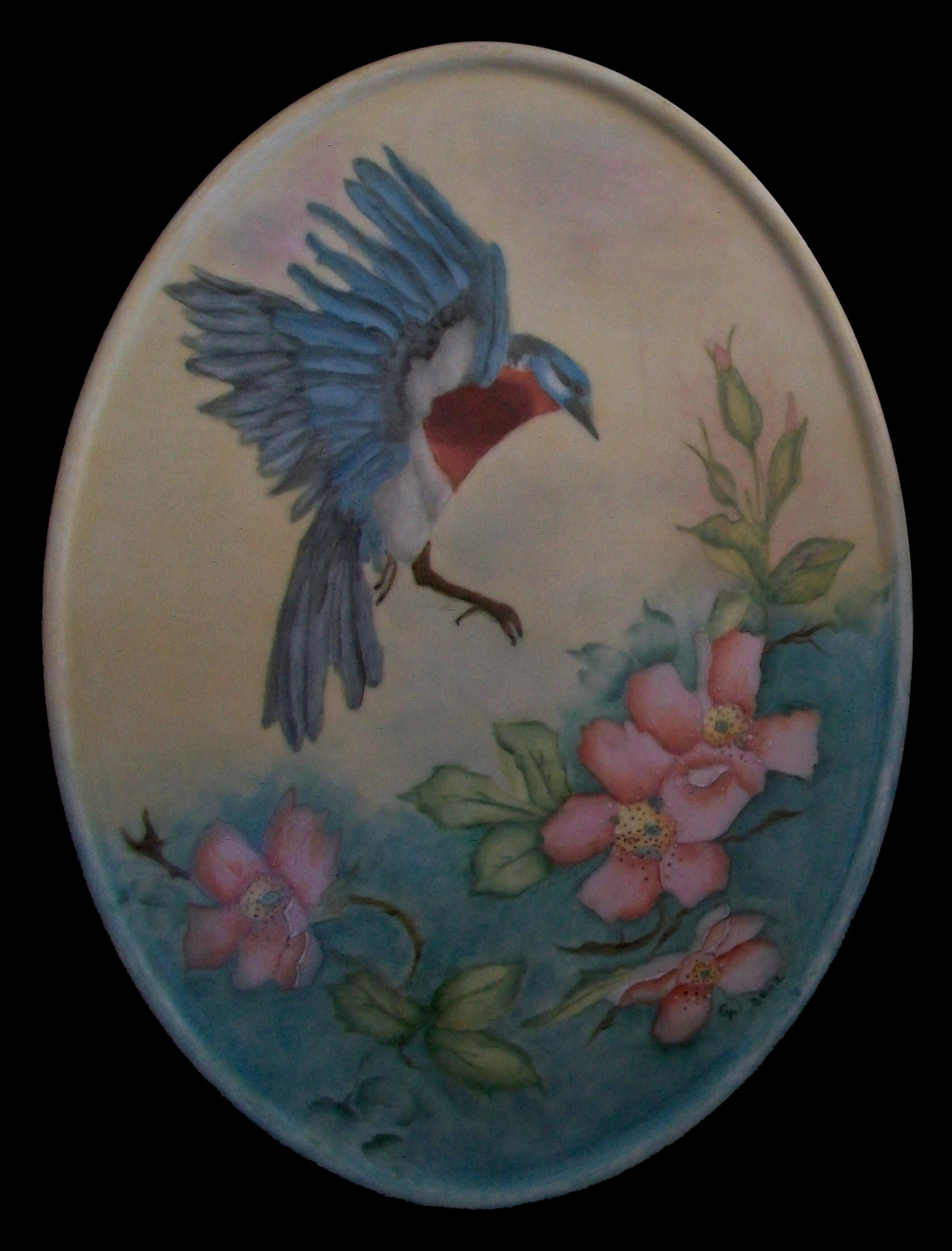 Hand-Painted Dresden, Blue Bird & Floral Porcelain Plaque, Signed, Germany, circa 2002 For Sale
