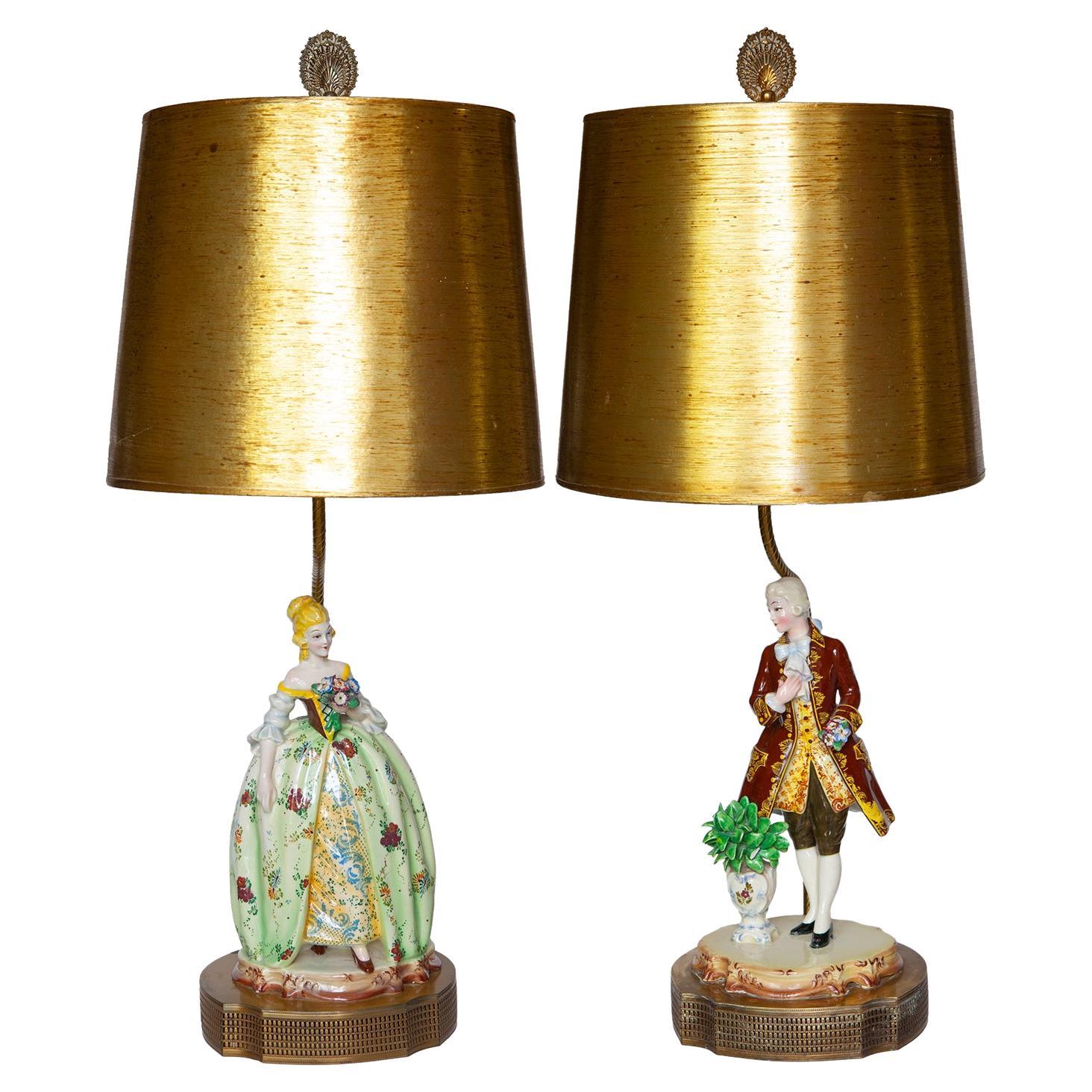 Dresden Ceramic Lamps Lovers Figurative Pair For Sale