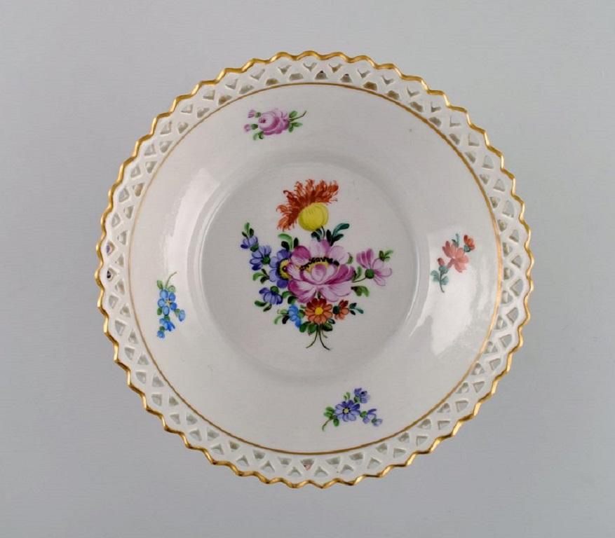 German Dresden Compote in Openwork Porcelain with Hand-Painted Flowers
