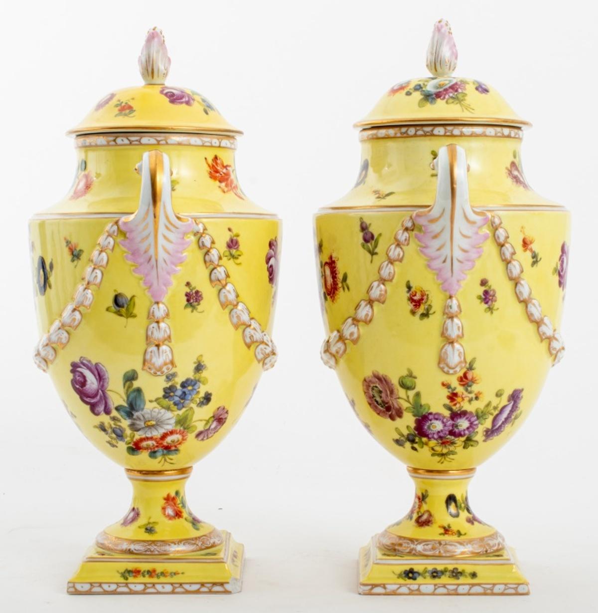 Aubusson Dresden Covered Porcelain Urn Vases, Pair