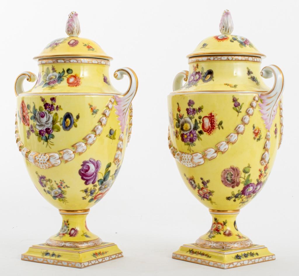 Dresden Covered Porcelain Urn Vases, Pair 3