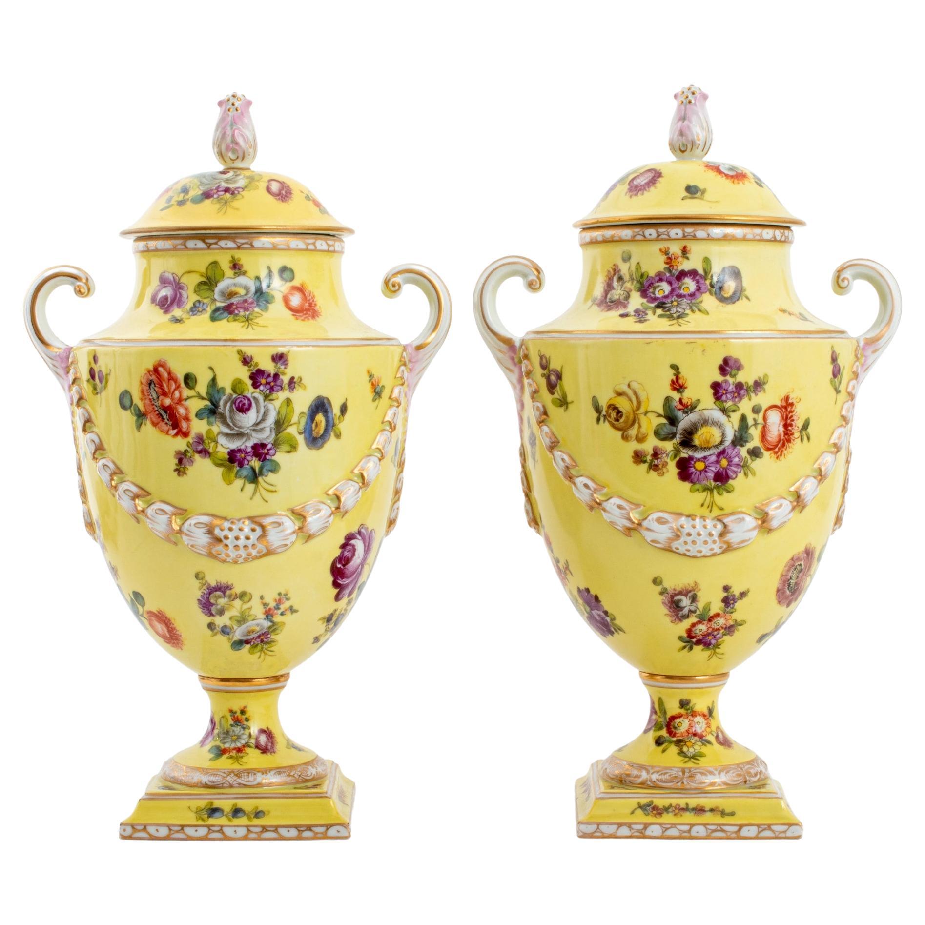 Dresden Covered Porcelain Urn Vases, Pair
