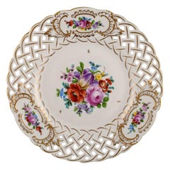 Dresden Dinner Plate in Openwork Porcelain with Hand Painted Flowers, 1920s
