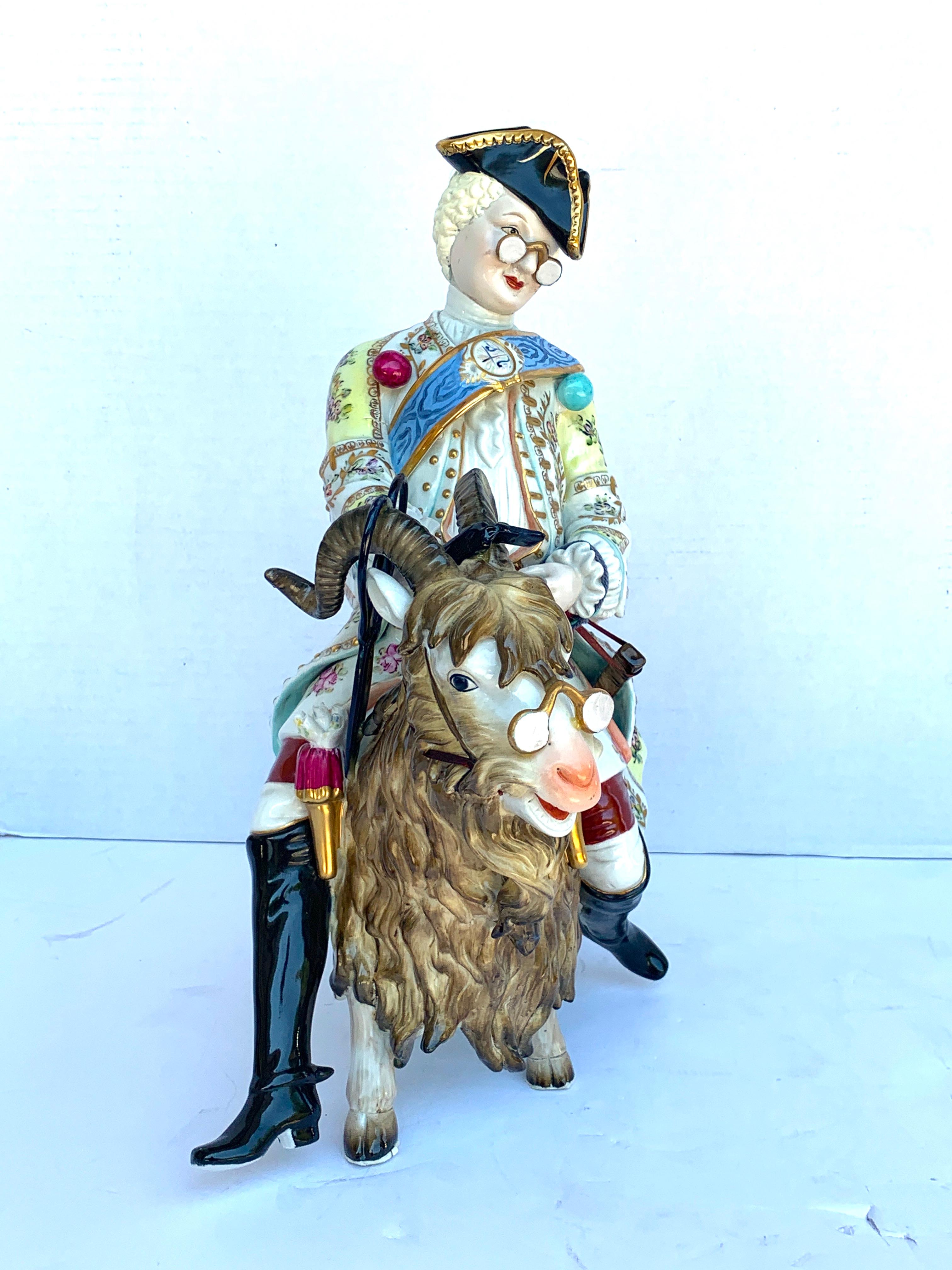 Hand-Painted Dresden Figure of Count Bruhl's Tailor Astride a Goat For Sale