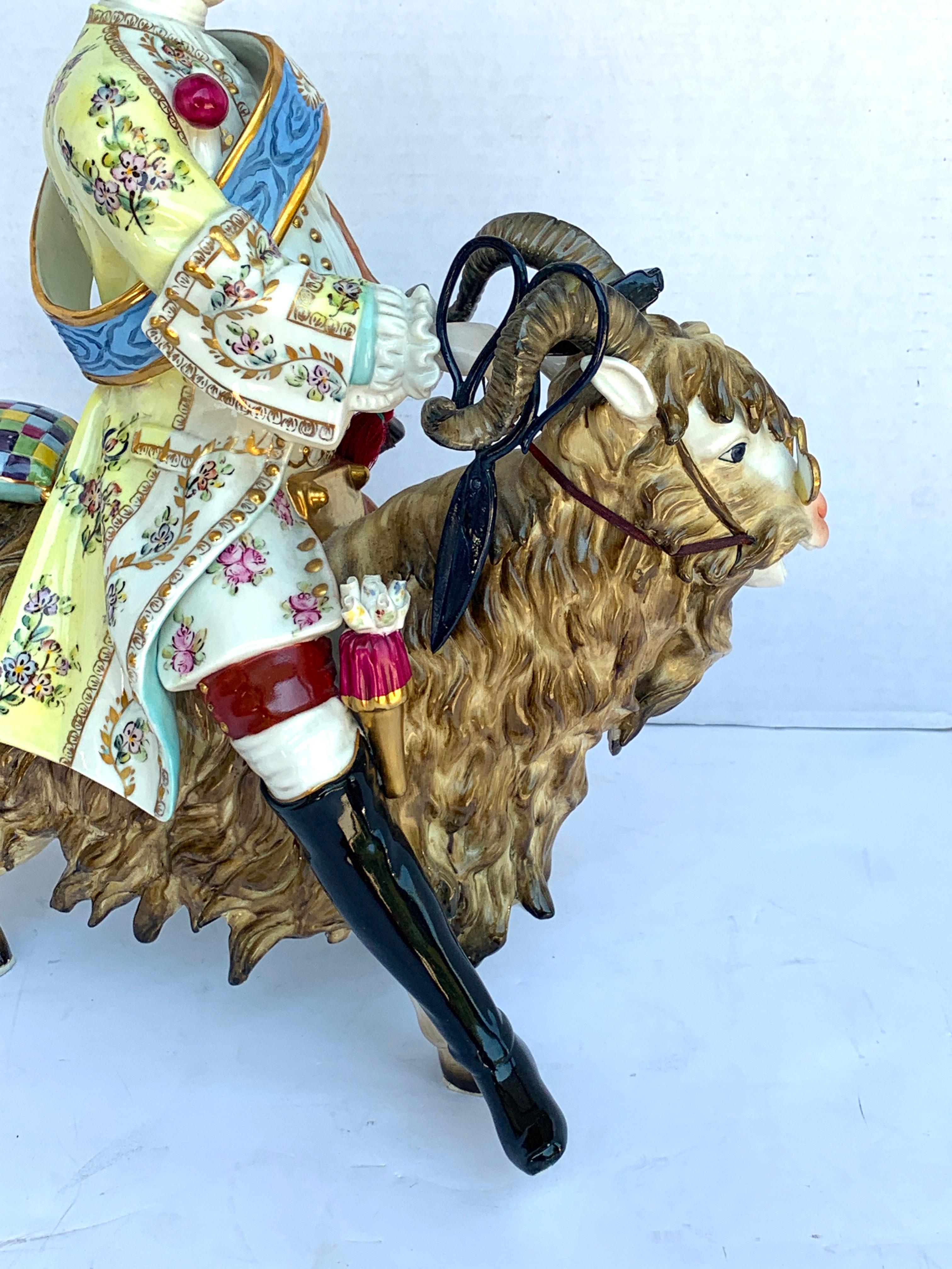 20th Century Dresden Figure of Count Bruhl's Tailor Astride a Goat For Sale
