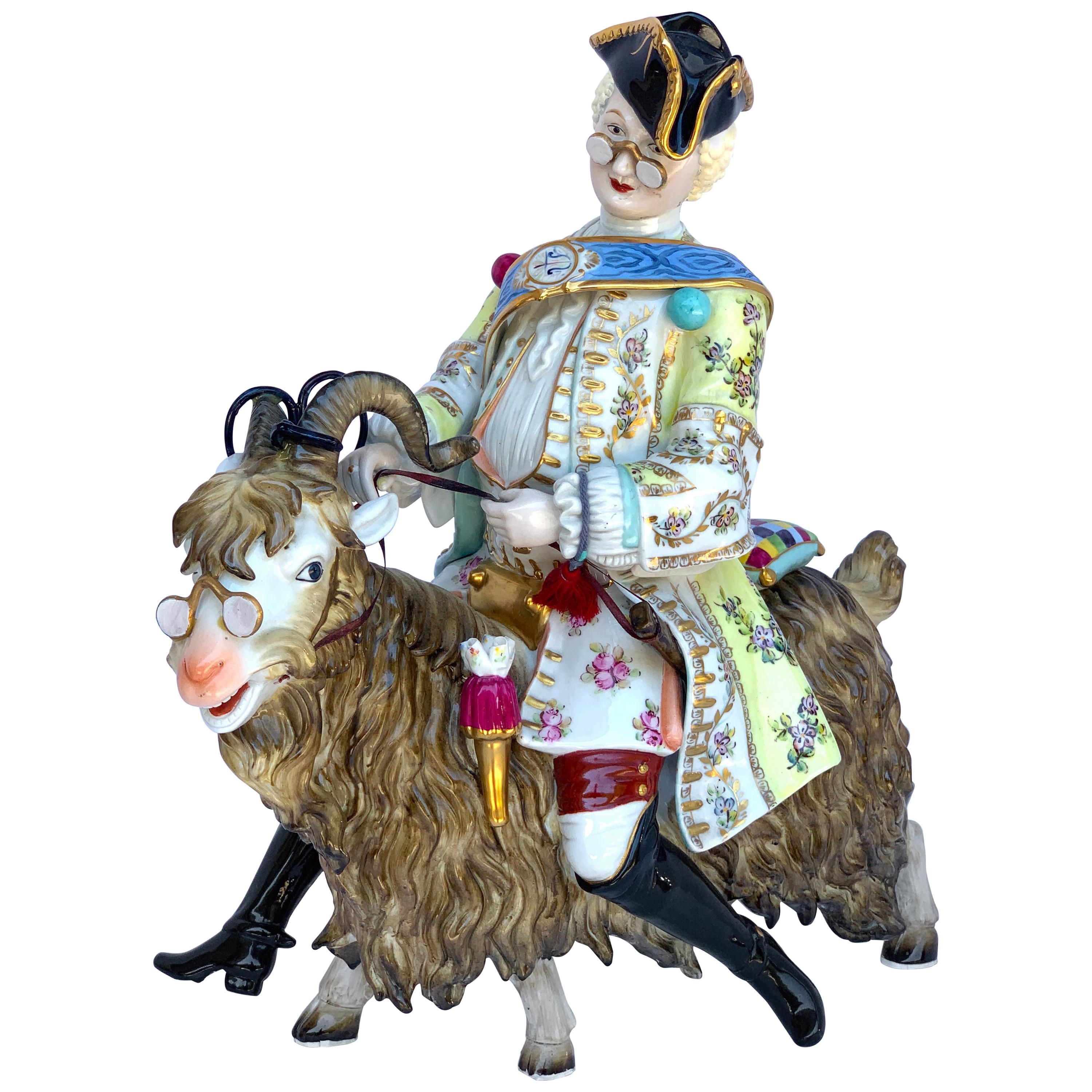 Dresden Figure of Count Bruhl's Tailor Astride a Goat For Sale