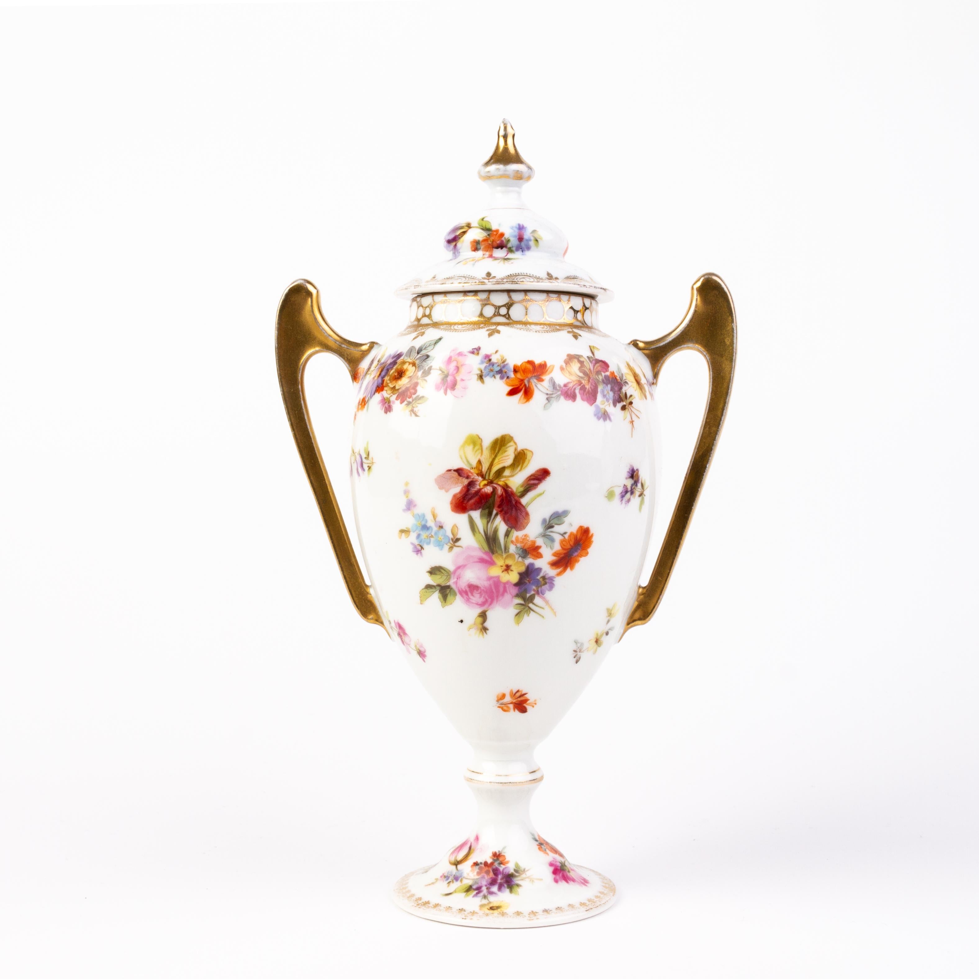 Dresden Fine German Gilt Porcelain Lidded Floral Vase In Good Condition In Nottingham, GB