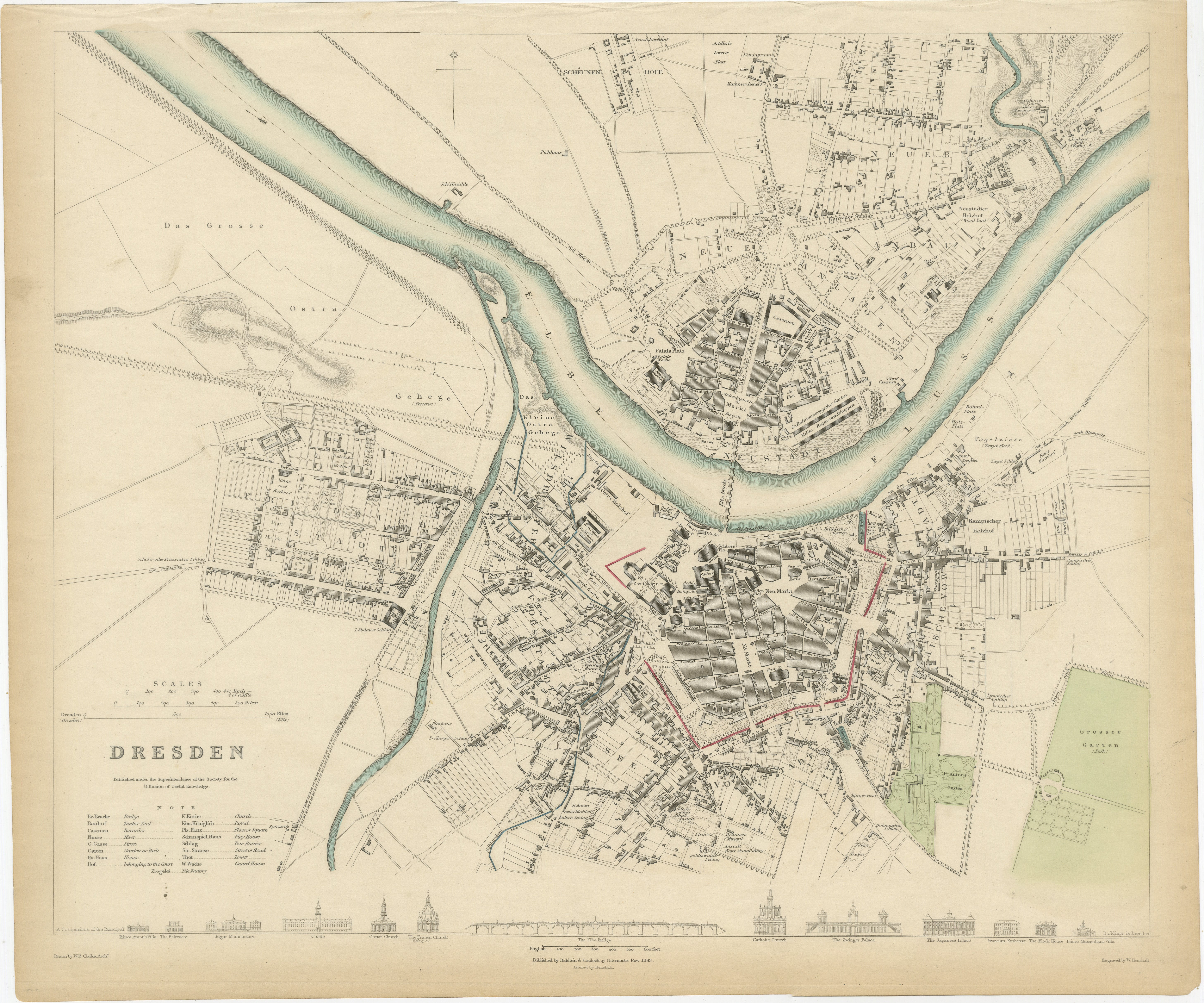 Dresden, depicted in this antique map by Baldwin & Cradock from 1833, was a historically significant city in Saxony, Germany. This map, published under the supervision of the Society for the Diffusion of Useful Knowledge, offers an intricate look at