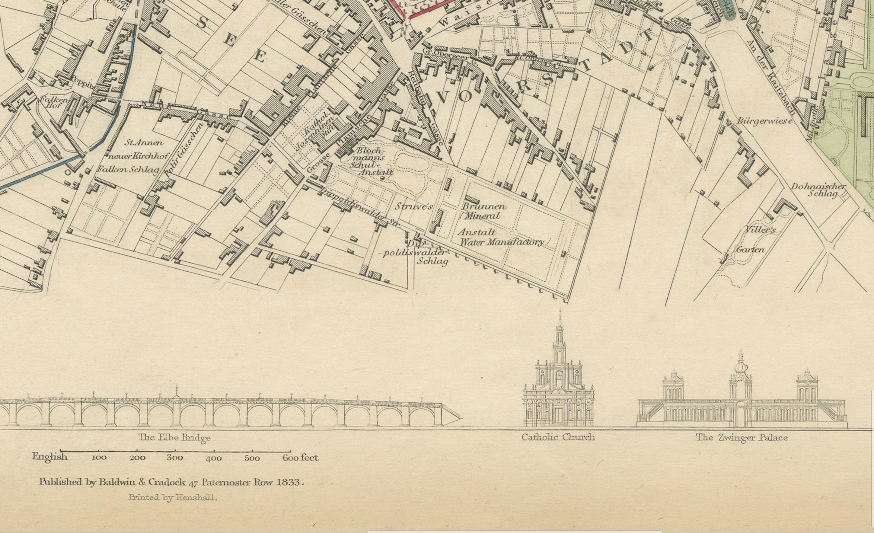 Paper Dresden Germany, Old Town Plan by Baldwin & Cradock 1833 For Sale